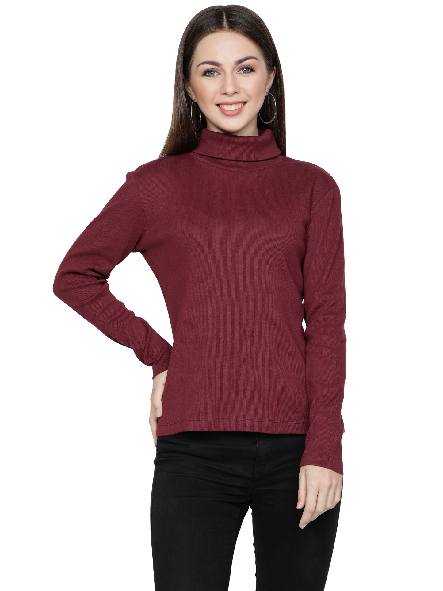 NUEVOSDAMAS Full Sleeve Solid Highneck Pullover Sweater for Women Maroon