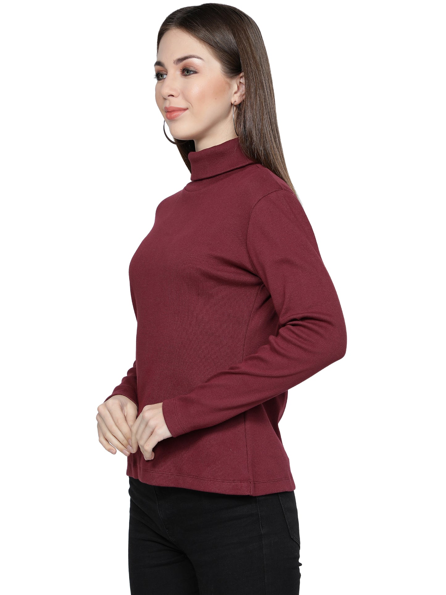 NUEVOSDAMAS Full Sleeve Solid Highneck Pullover Sweater for Women Maroon