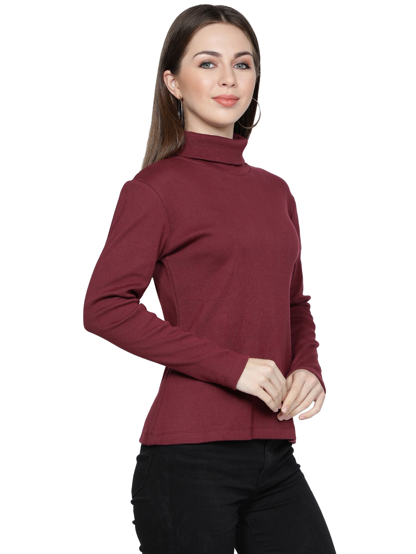 NUEVOSDAMAS Full Sleeve Solid Highneck Pullover Sweater for Women Maroon