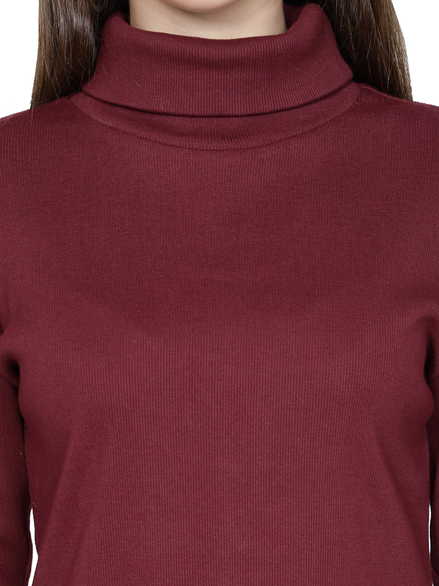 NUEVOSDAMAS Full Sleeve Solid Highneck Pullover Sweater for Women Maroon