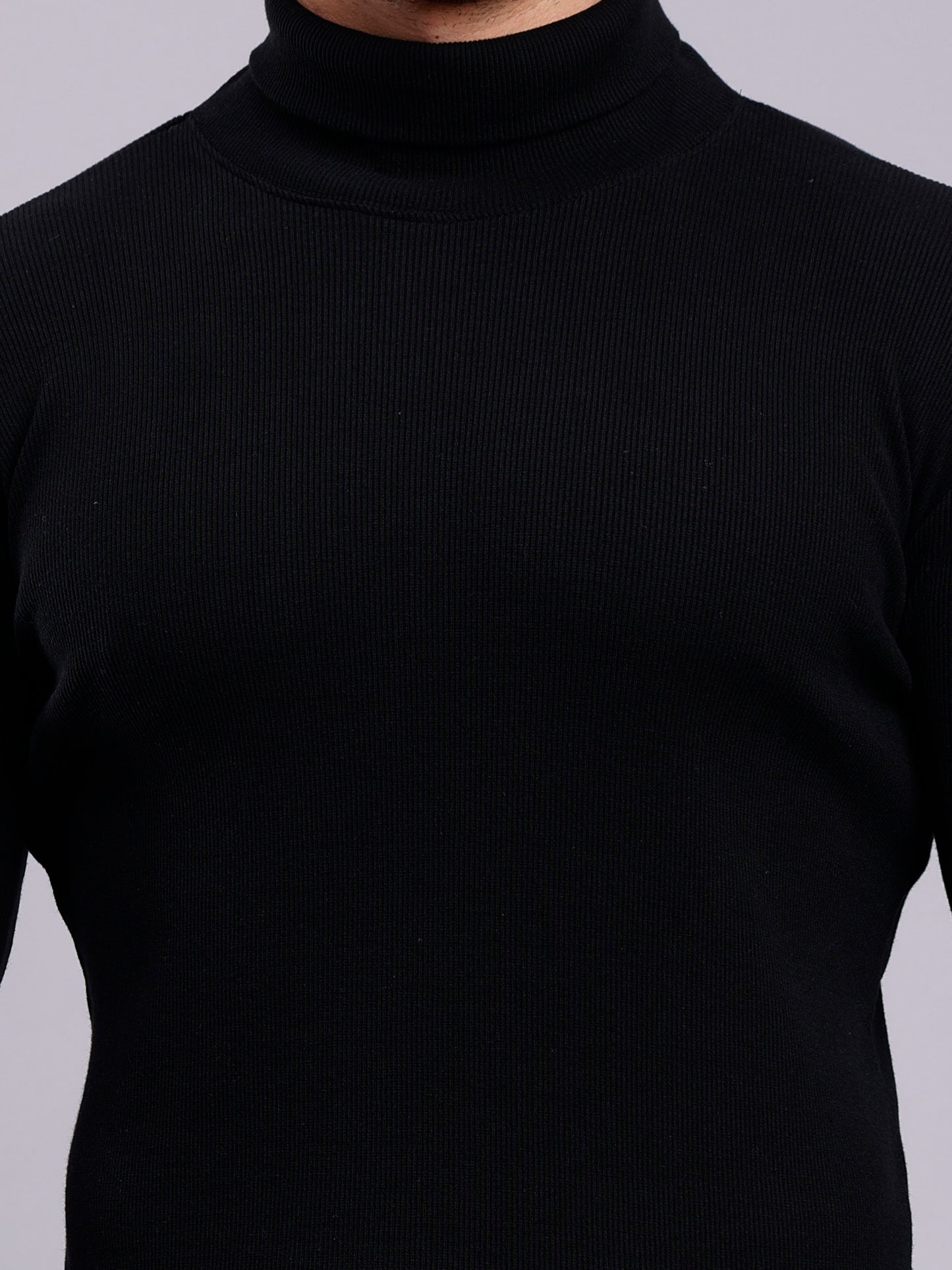 NUEVOSPORTA Mens Solid Black Turtle Neck Rib Sweater | Basic High Neck Sweater | Plain Jumper