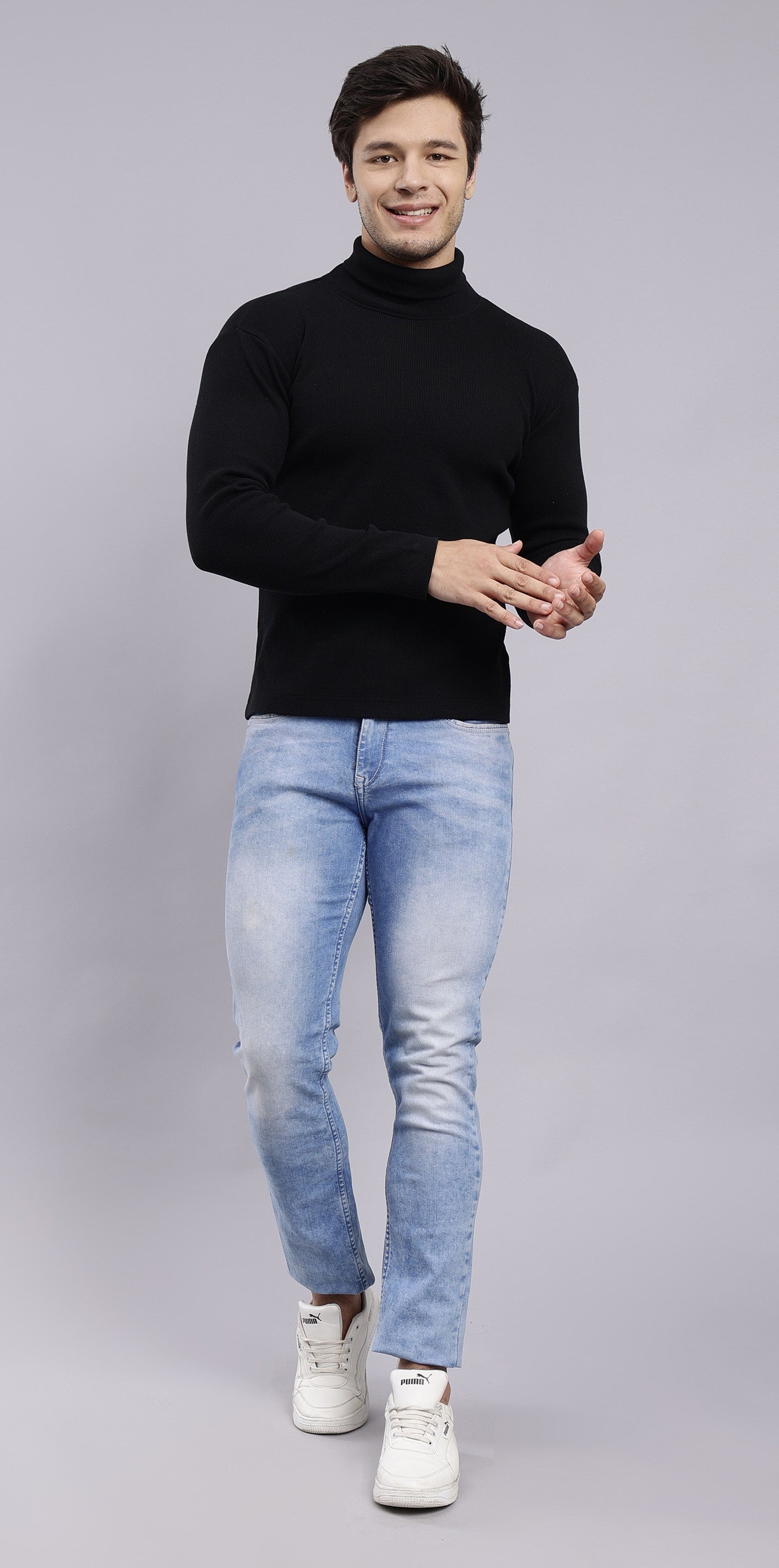 NUEVOSPORTA Mens Solid Black Turtle Neck Rib Sweater | Basic High Neck Sweater | Plain Jumper