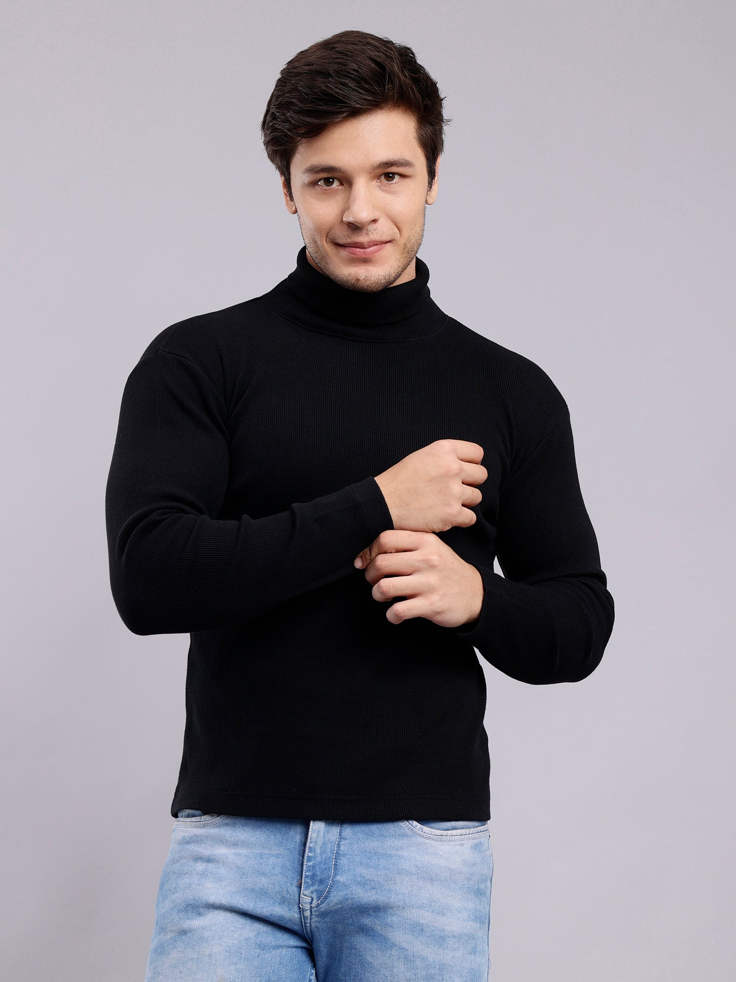 NUEVOSPORTA Mens Solid Black Turtle Neck Rib Sweater | Basic High Neck Sweater | Plain Jumper