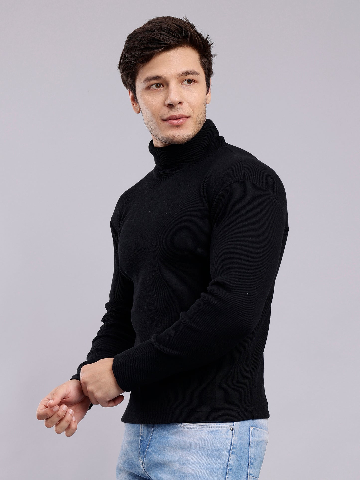 NUEVOSPORTA Mens Solid Black Turtle Neck Rib Sweater | Basic High Neck Sweater | Plain Jumper