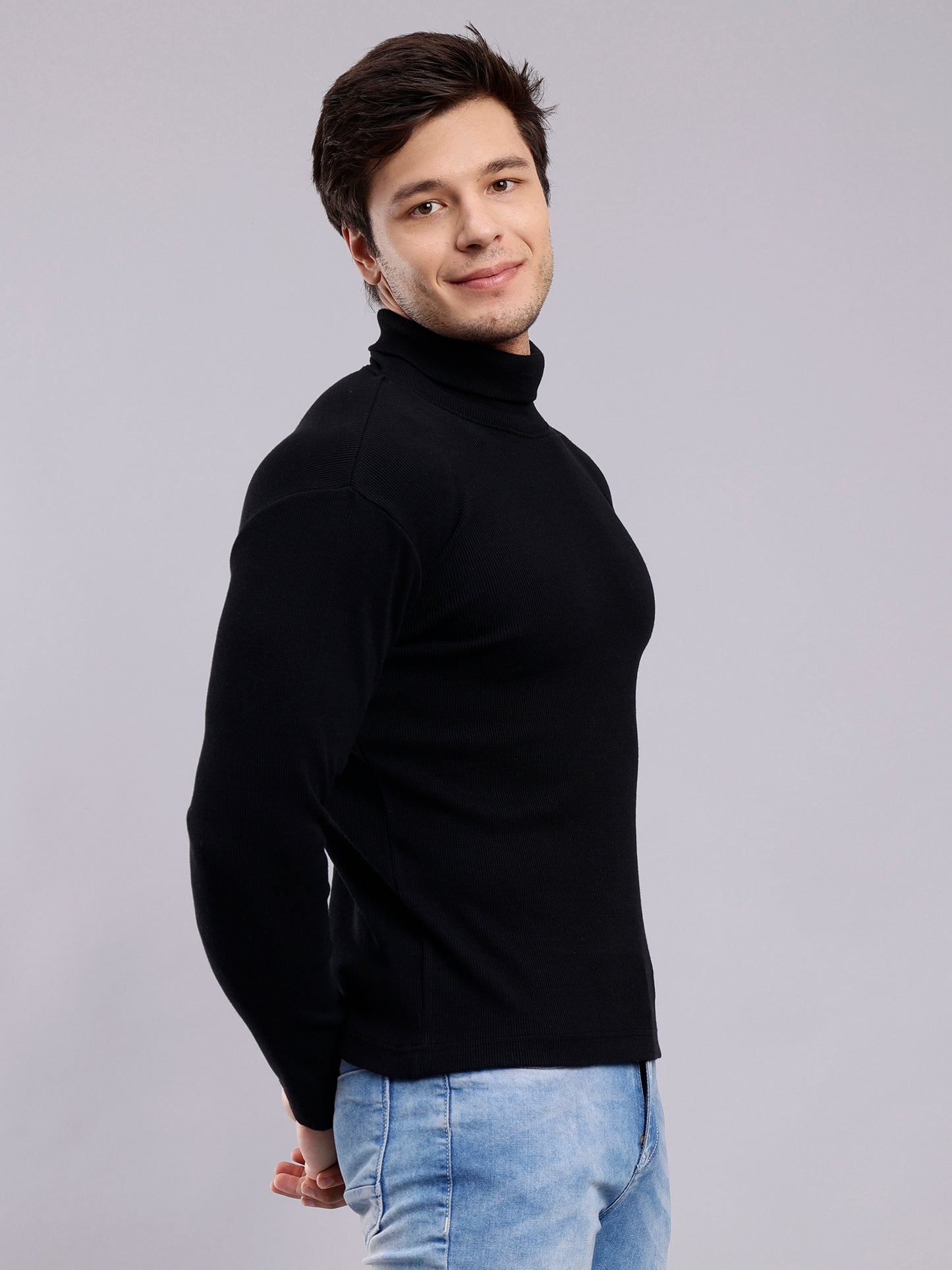 NUEVOSPORTA Mens Solid Black Turtle Neck Rib Sweater | Basic High Neck Sweater | Plain Jumper