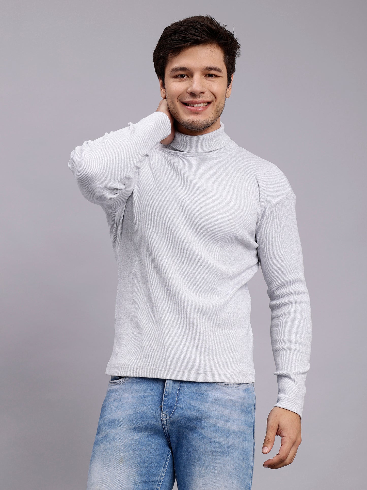 NUEVOSPORTA Mens Melange Grey Turtle Neck Rib Sweater | Basic High Neck Sweater | Plain Jumper