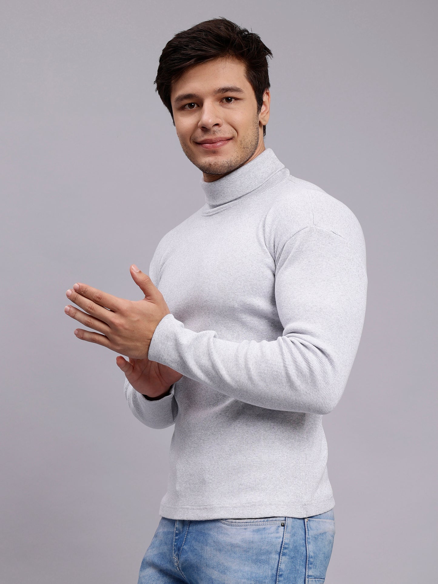 NUEVOSPORTA Mens Melange Grey Turtle Neck Rib Sweater | Basic High Neck Sweater | Plain Jumper