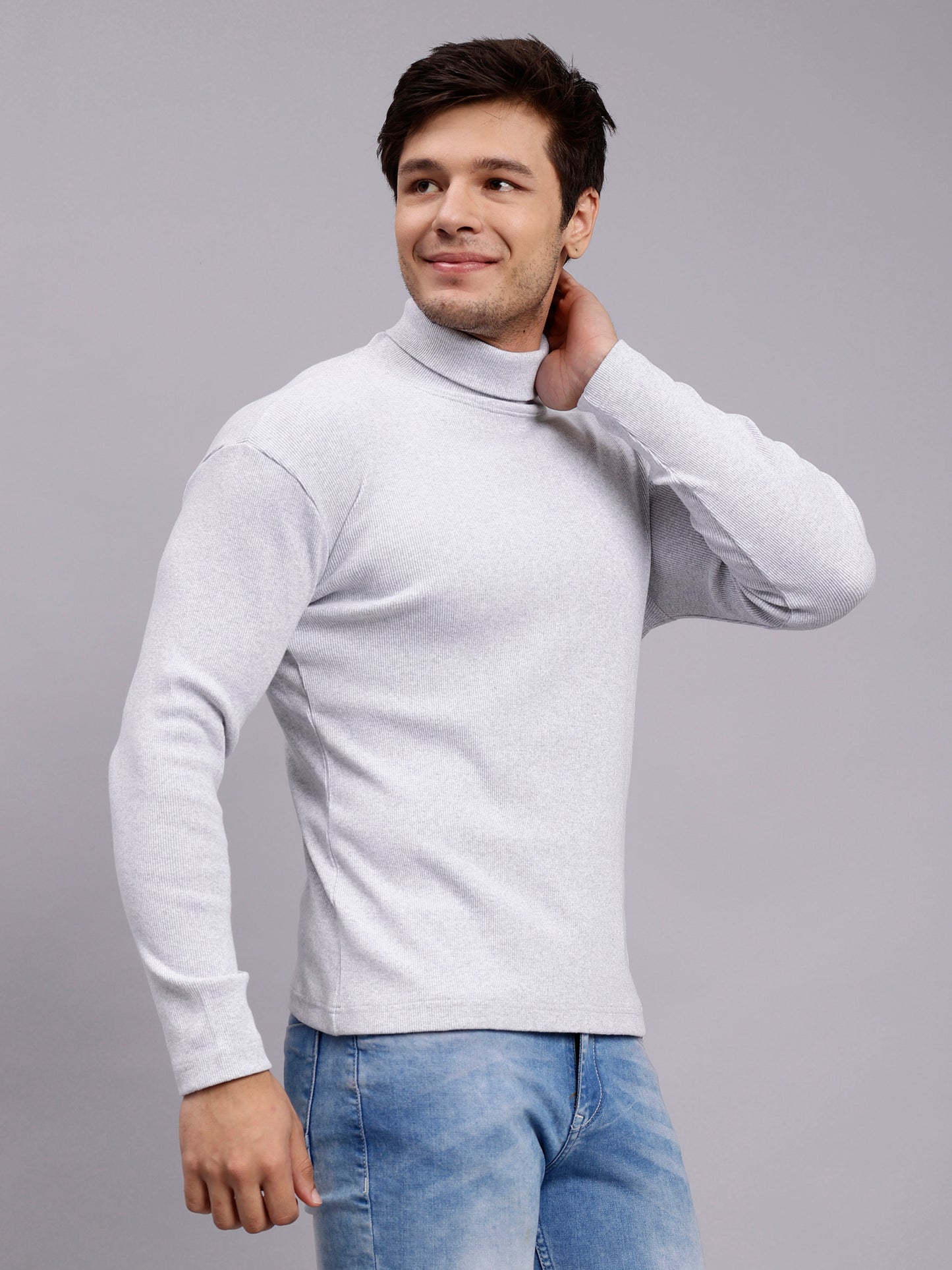 NUEVOSPORTA Mens Melange Grey Turtle Neck Rib Sweater | Basic High Neck Sweater | Plain Jumper