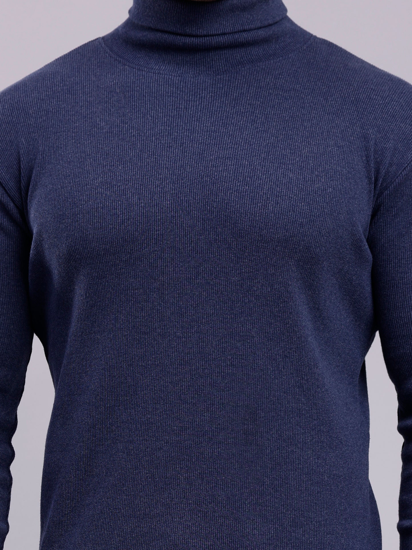 NUEVOSPORTA Mens Solid Blue Turtle Neck Rib Sweater | Basic High Neck Sweater | Plain Jumper