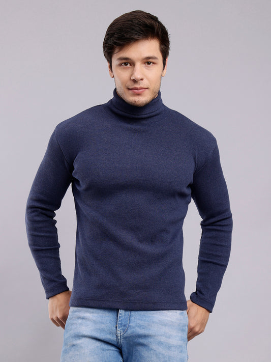 NUEVOSPORTA Mens Solid Blue Turtle Neck Rib Sweater | Basic High Neck Sweater | Plain Jumper