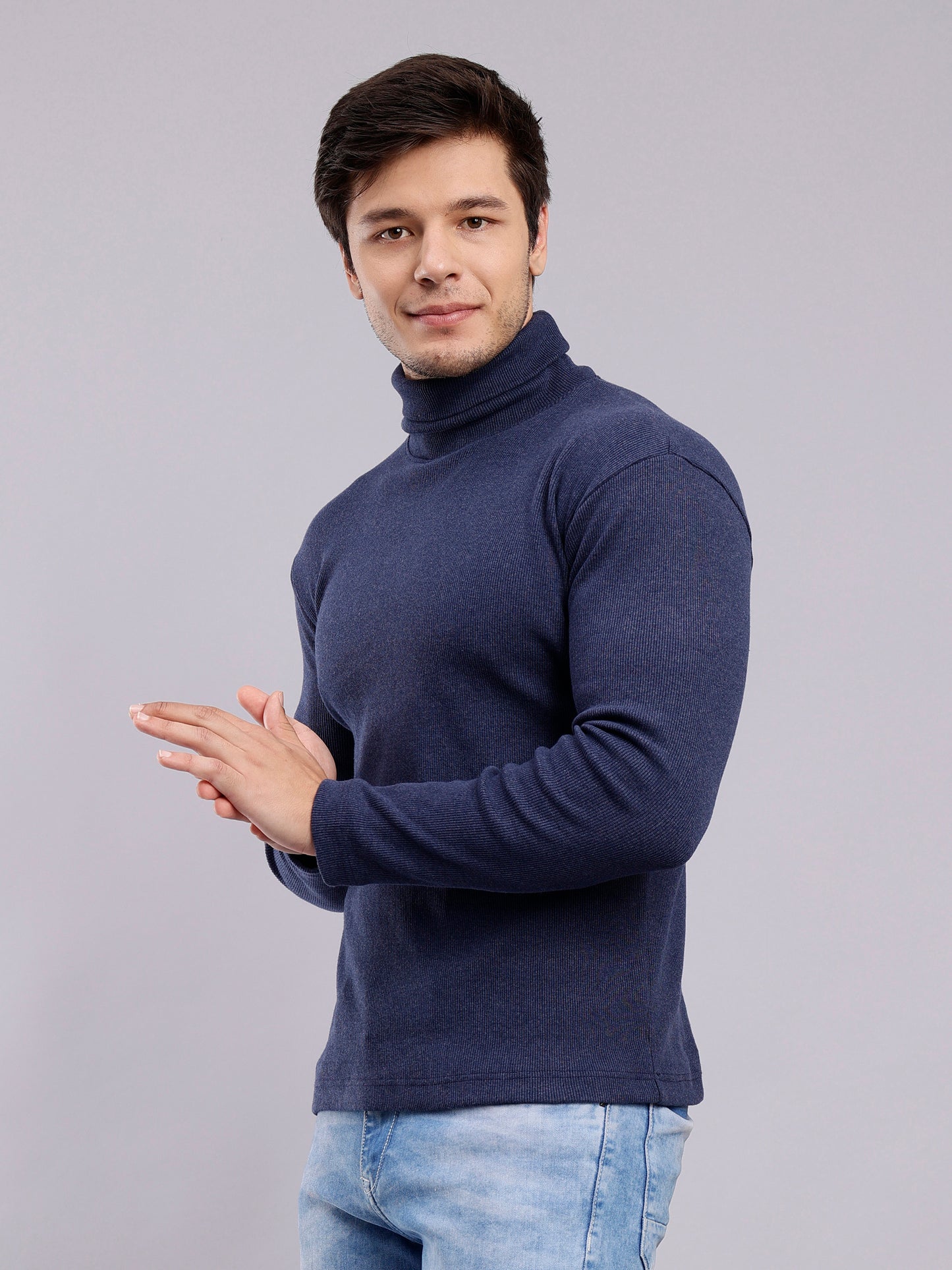 NUEVOSPORTA Mens Solid Blue Turtle Neck Rib Sweater | Basic High Neck Sweater | Plain Jumper