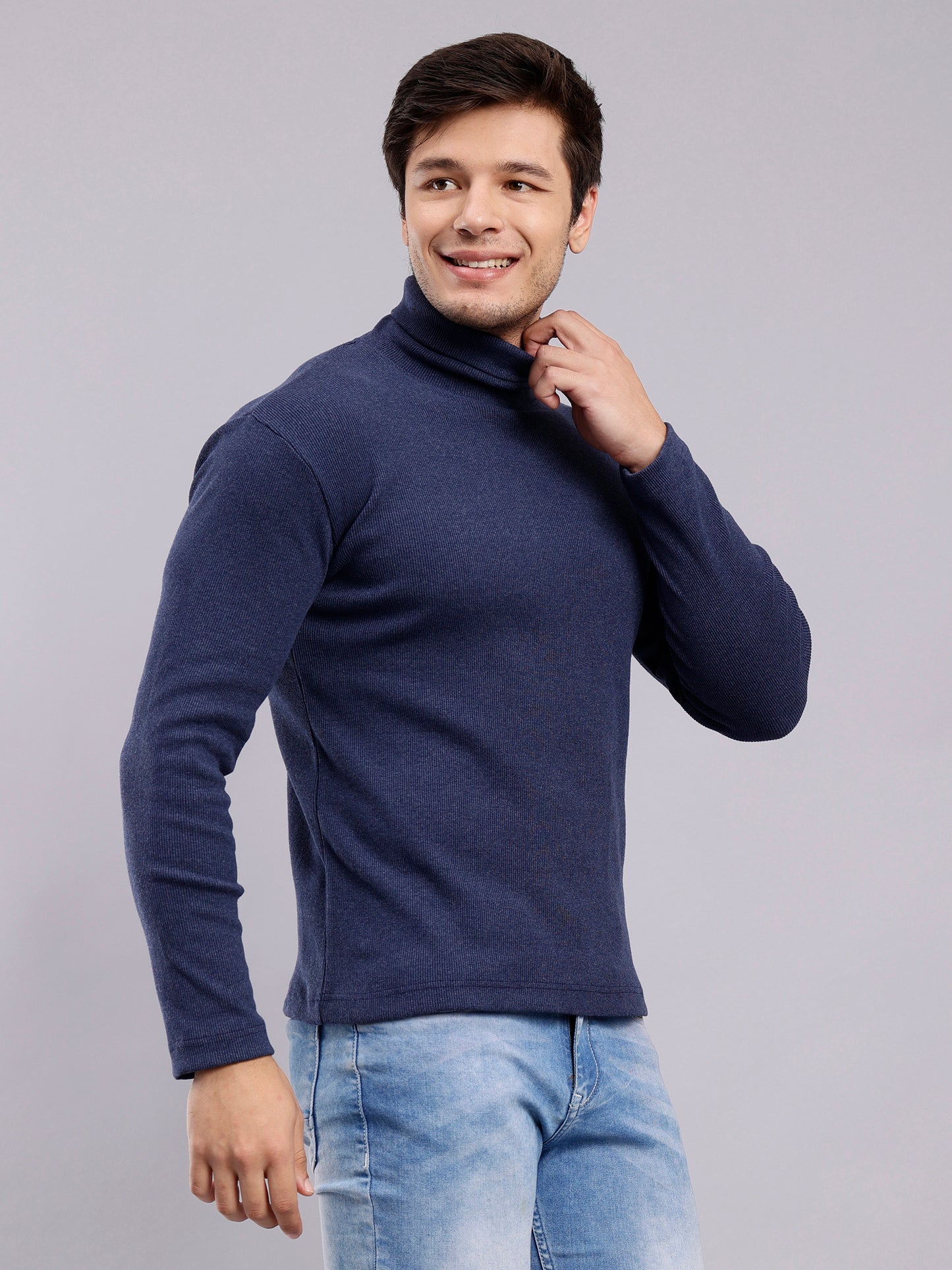 NUEVOSPORTA Mens Solid Blue Turtle Neck Rib Sweater | Basic High Neck Sweater | Plain Jumper