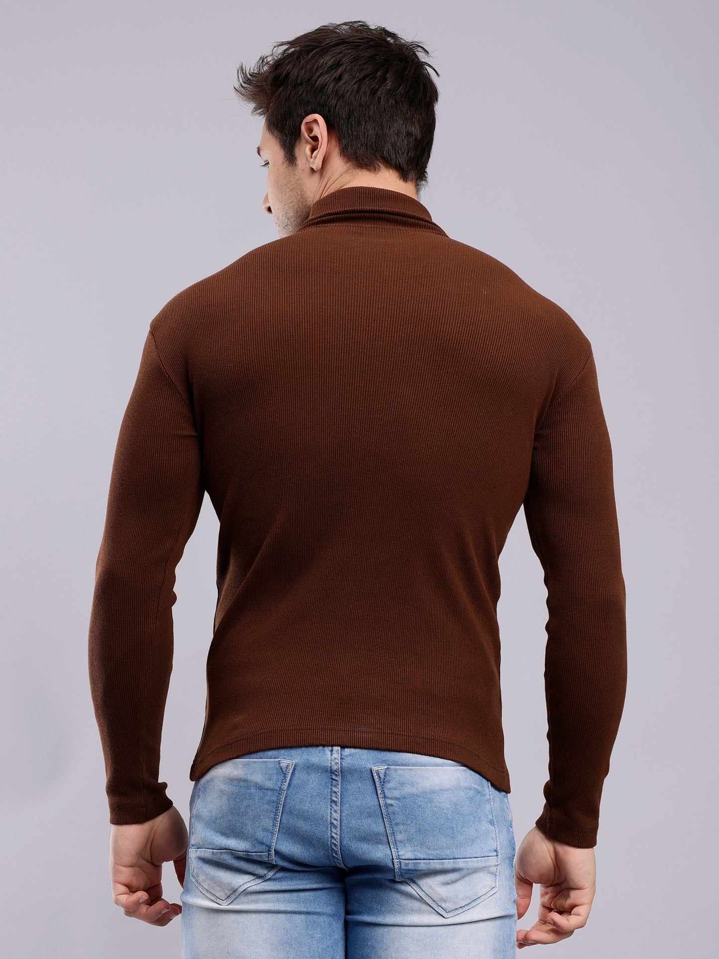 Mens Solid Brown Turtle Neck Rib Sweater | Basic High Neck Sweater | Plain Jumper