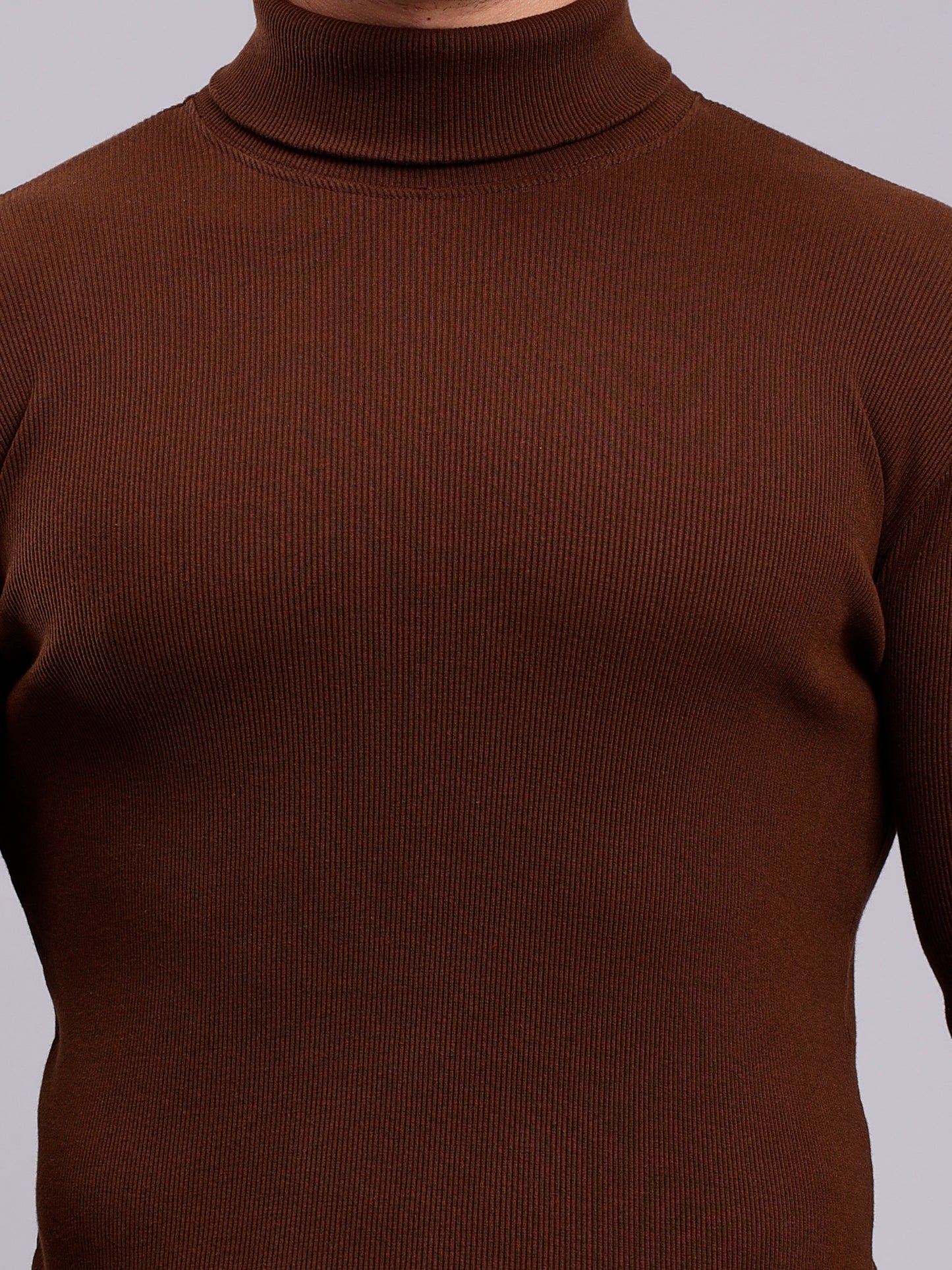 Mens Solid Brown Turtle Neck Rib Sweater | Basic High Neck Sweater | Plain Jumper