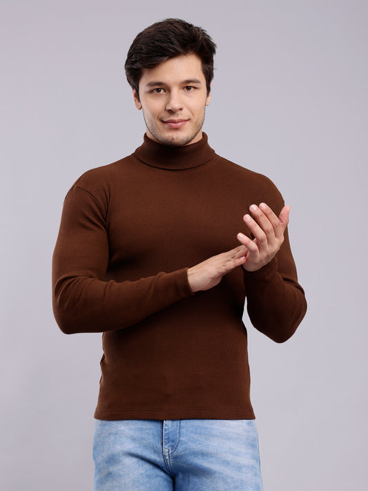 Mens Solid Brown Turtle Neck Rib Sweater | Basic High Neck Sweater | Plain Jumper