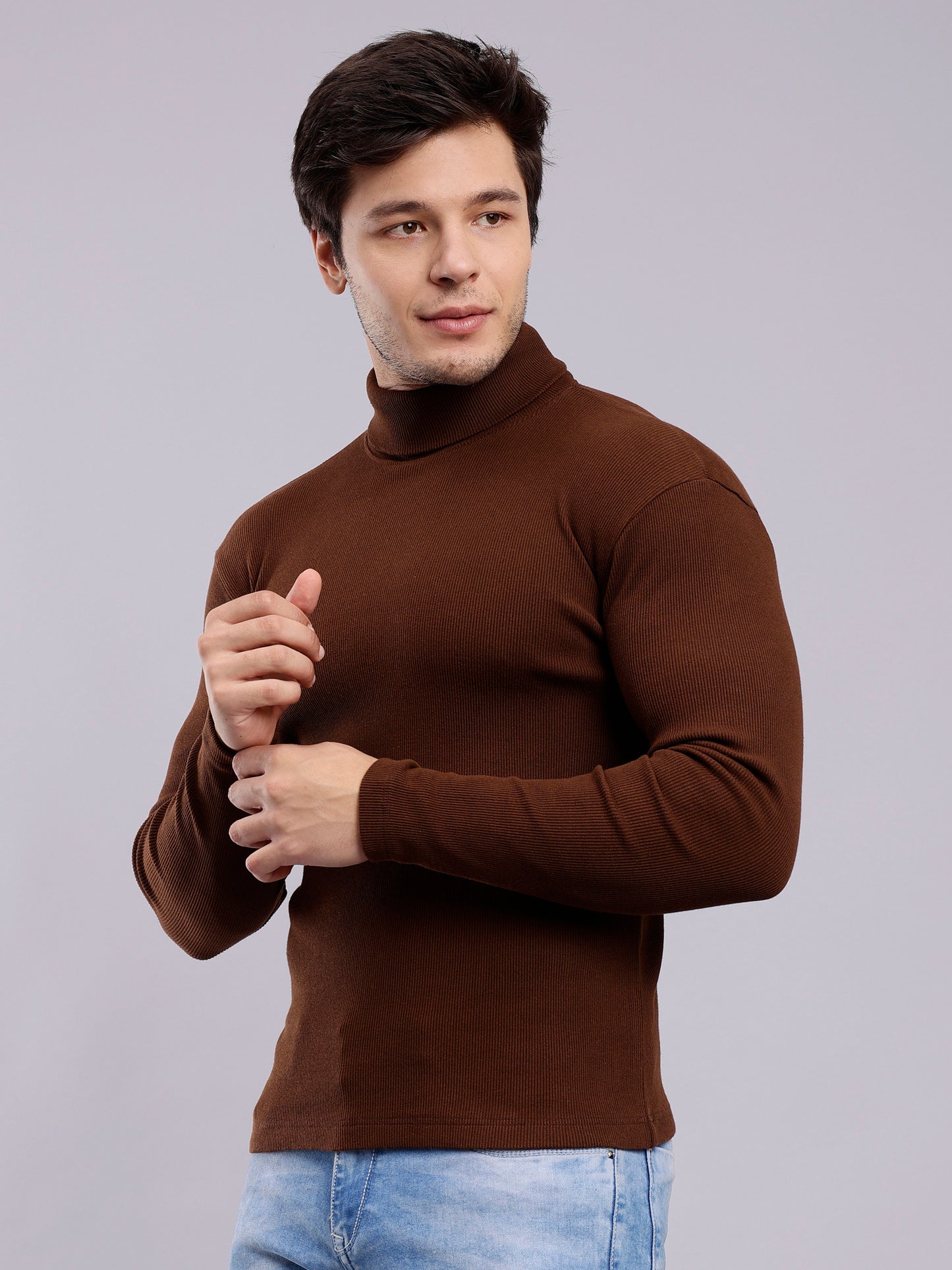 Mens Solid Brown Turtle Neck Rib Sweater | Basic High Neck Sweater | Plain Jumper