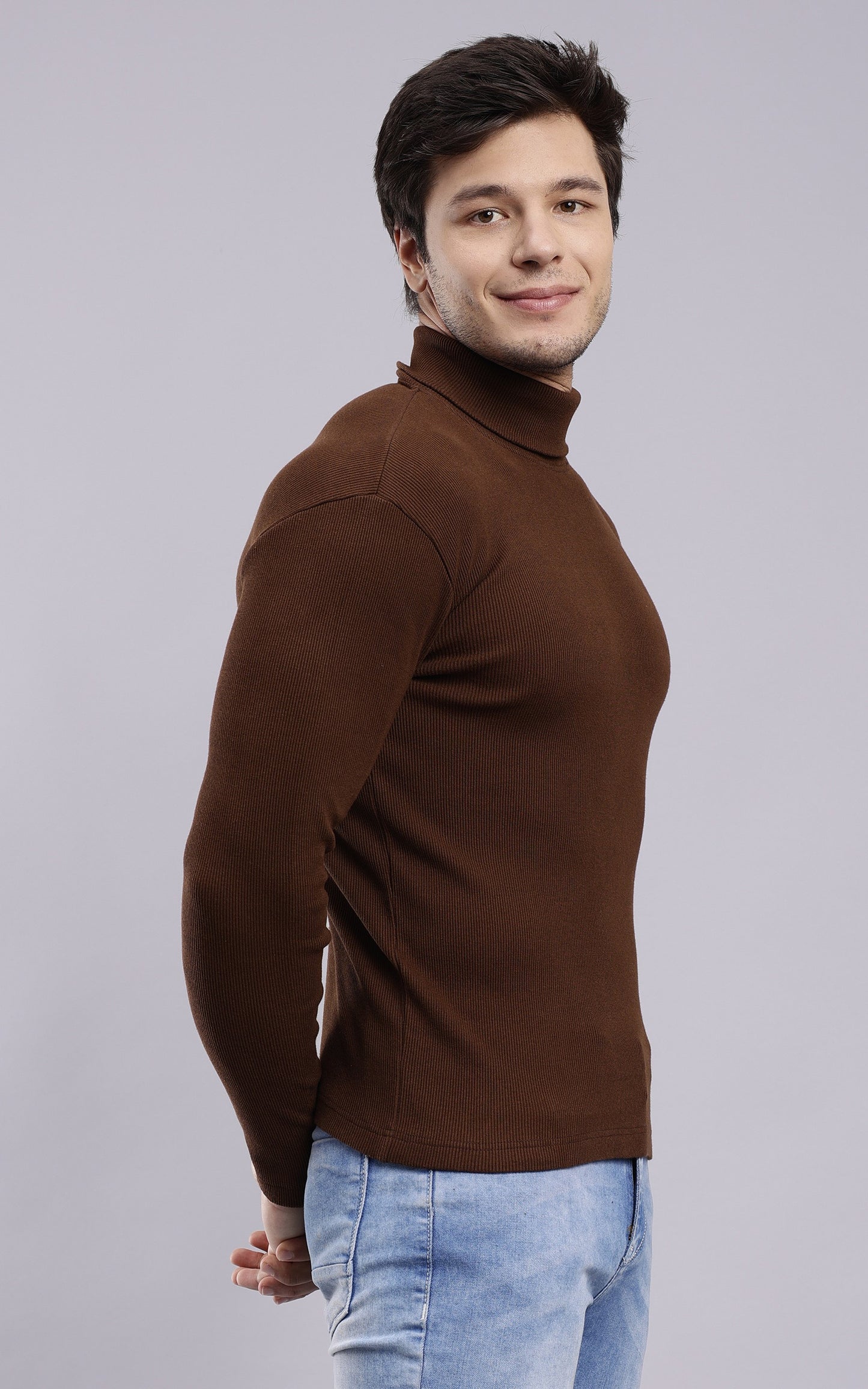 Mens Solid Brown Turtle Neck Rib Sweater | Basic High Neck Sweater | Plain Jumper