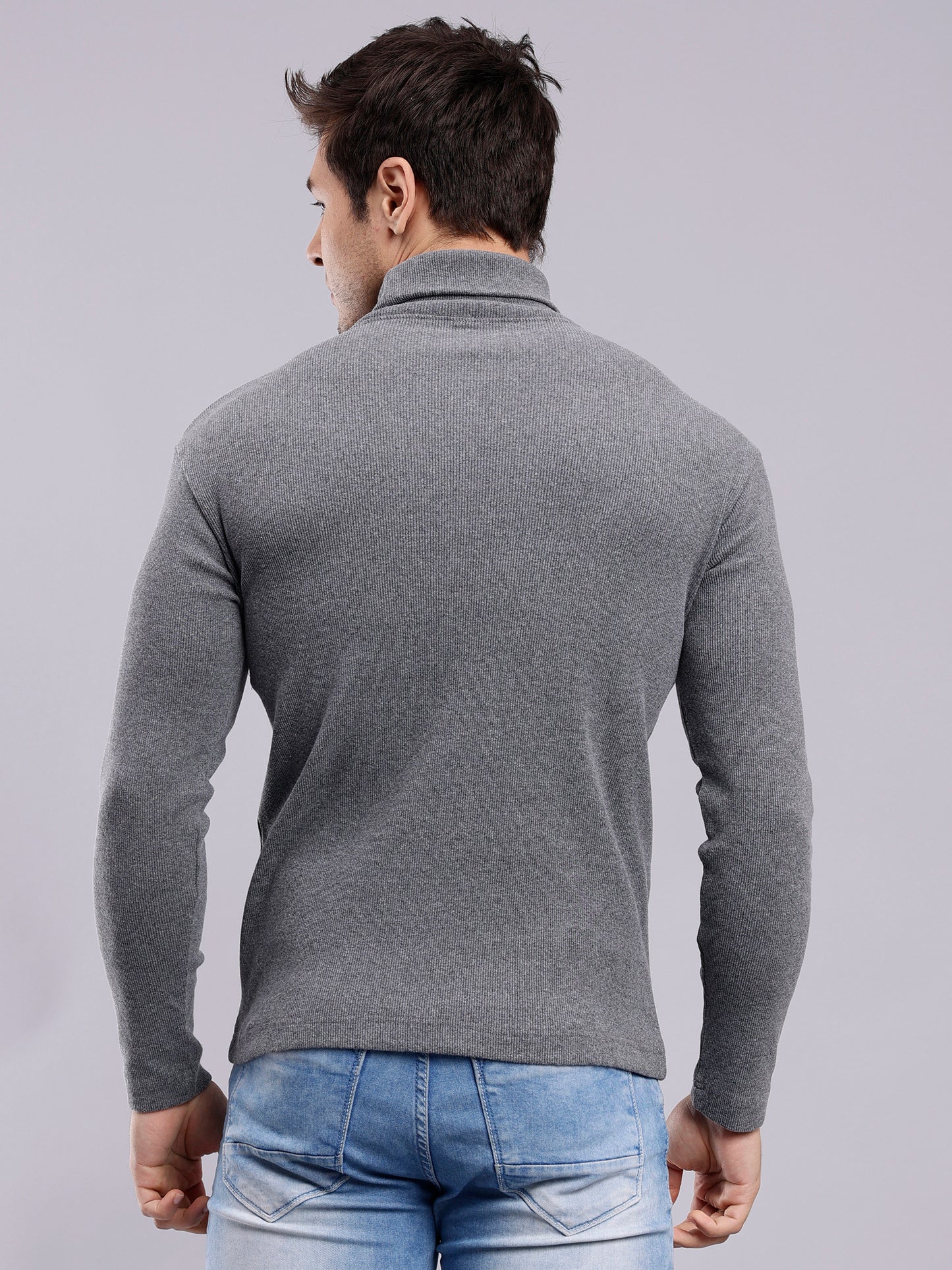 NUEVOSPORTA Mens Melange Charcoal Grey Turtle Neck Rib Sweater | Basic High Neck Sweater | Plain Jumper