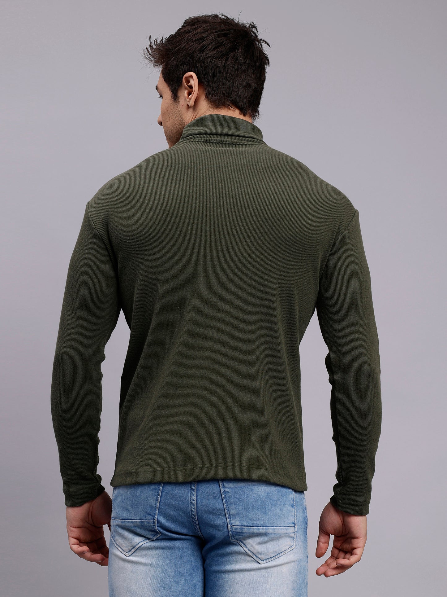 Mens Solid Olive Turtle Neck Rib Sweater | Basic High Neck Sweater | Plain Jumper