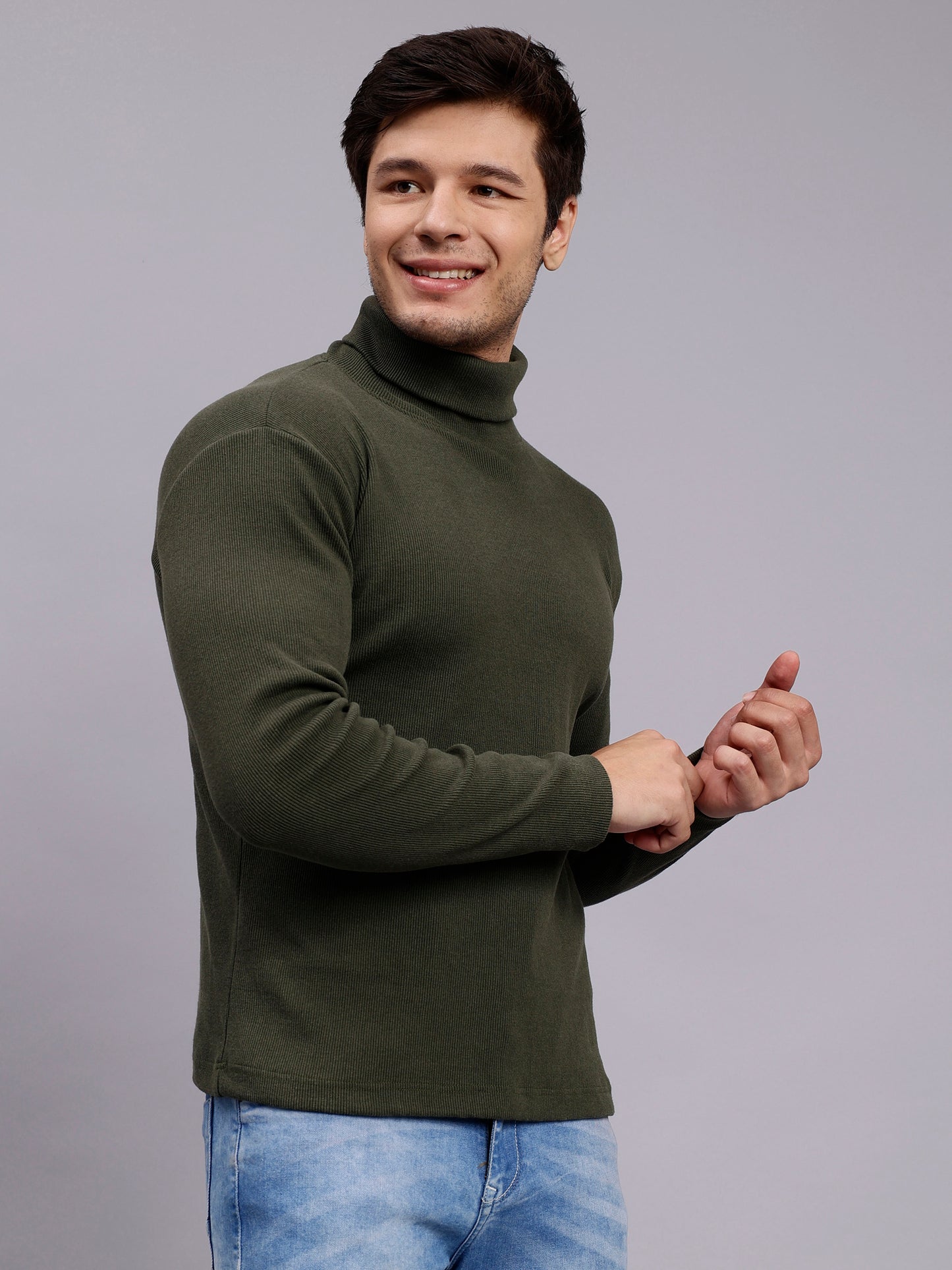 Mens Solid Olive Turtle Neck Rib Sweater | Basic High Neck Sweater | Plain Jumper