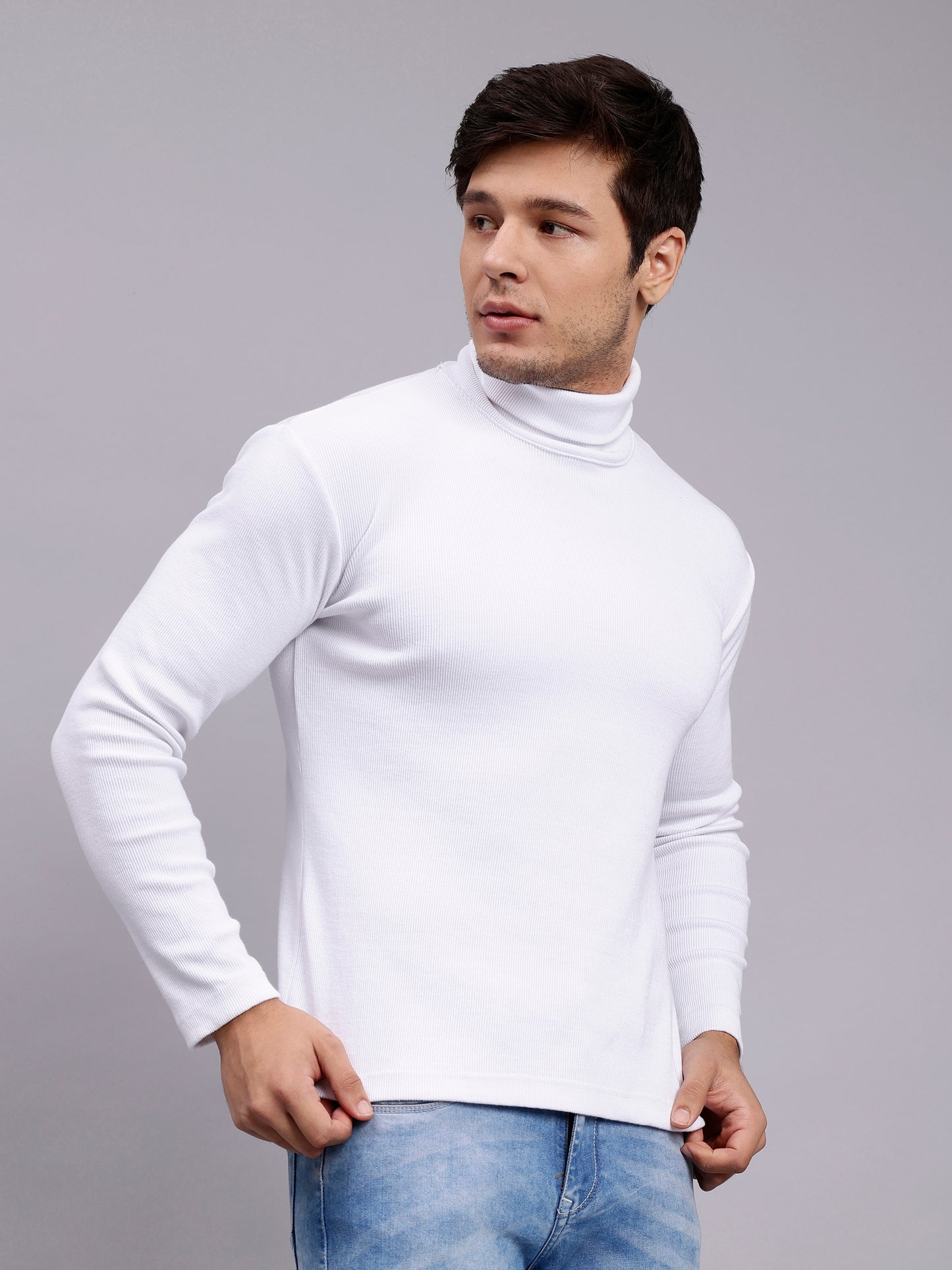 Mens Solid White Turtle Neck Rib Sweater | Basic High Neck Sweater | Plain Jumper