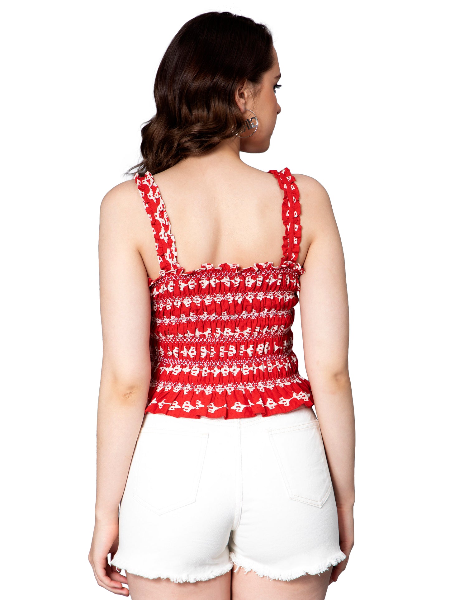 NUEVOSDAMAS Women Damask Printed Smocking Top - Red/Multi