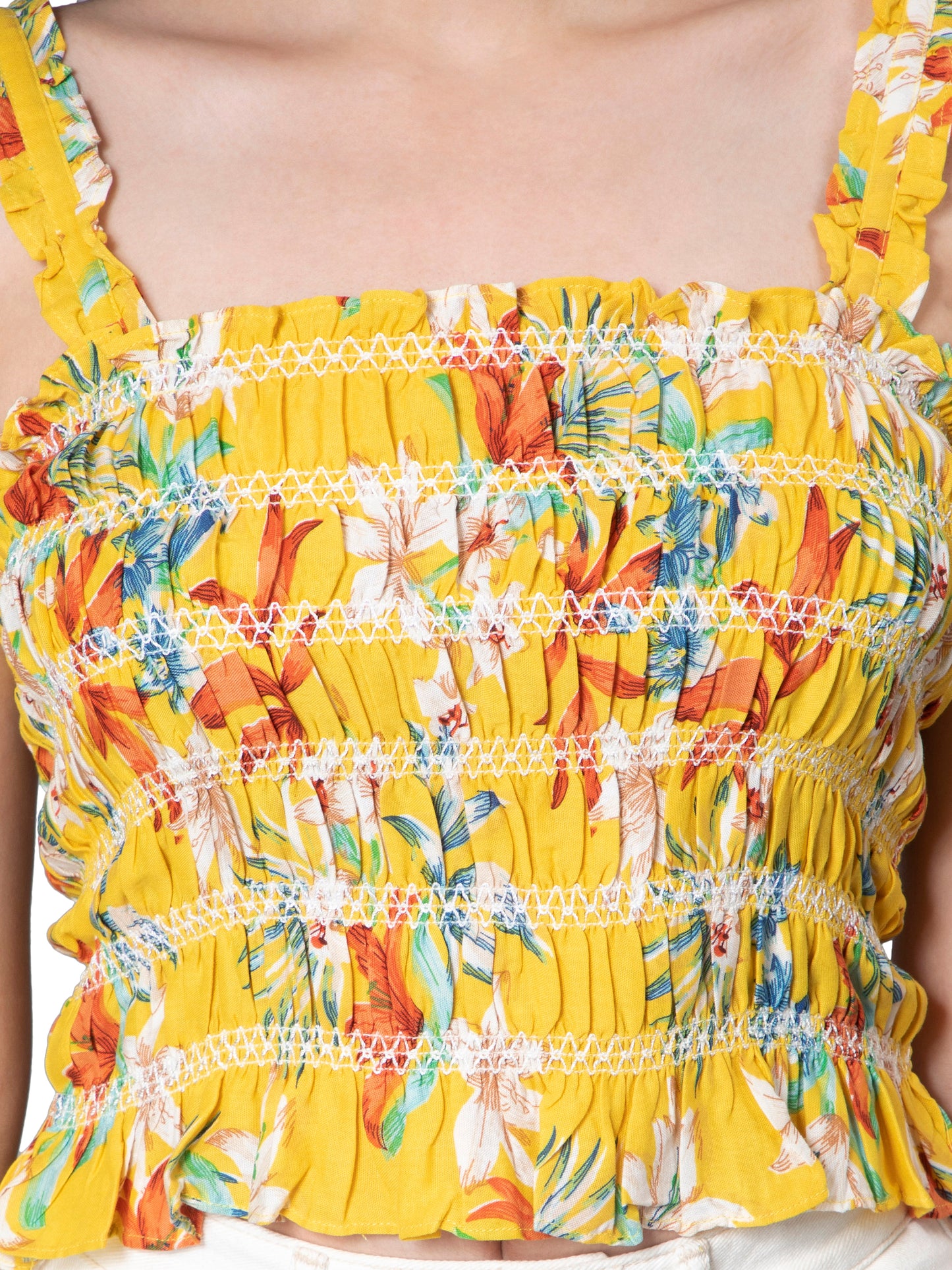 NUEVOSDAMAS Women Floral Printed Smocking top - Yellow/Multi