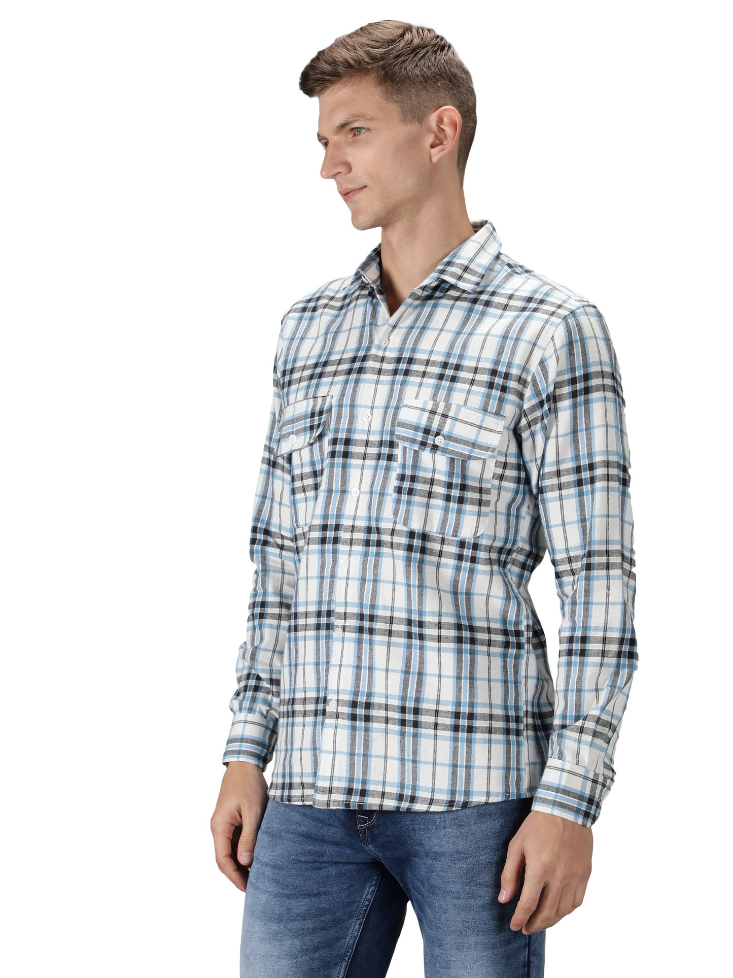 NUEVOSPORTA Pure Cotton Check Pattern Men's Full Sleeve Shirt_White/Blue