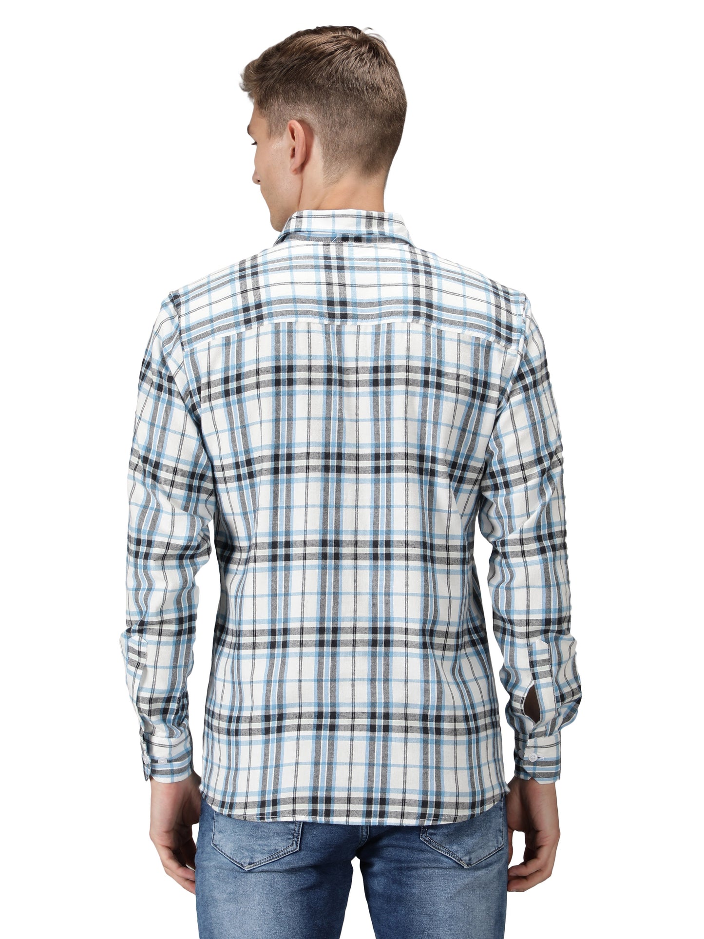 NUEVOSPORTA Pure Cotton Check Pattern Men's Full Sleeve Shirt_White/Blue