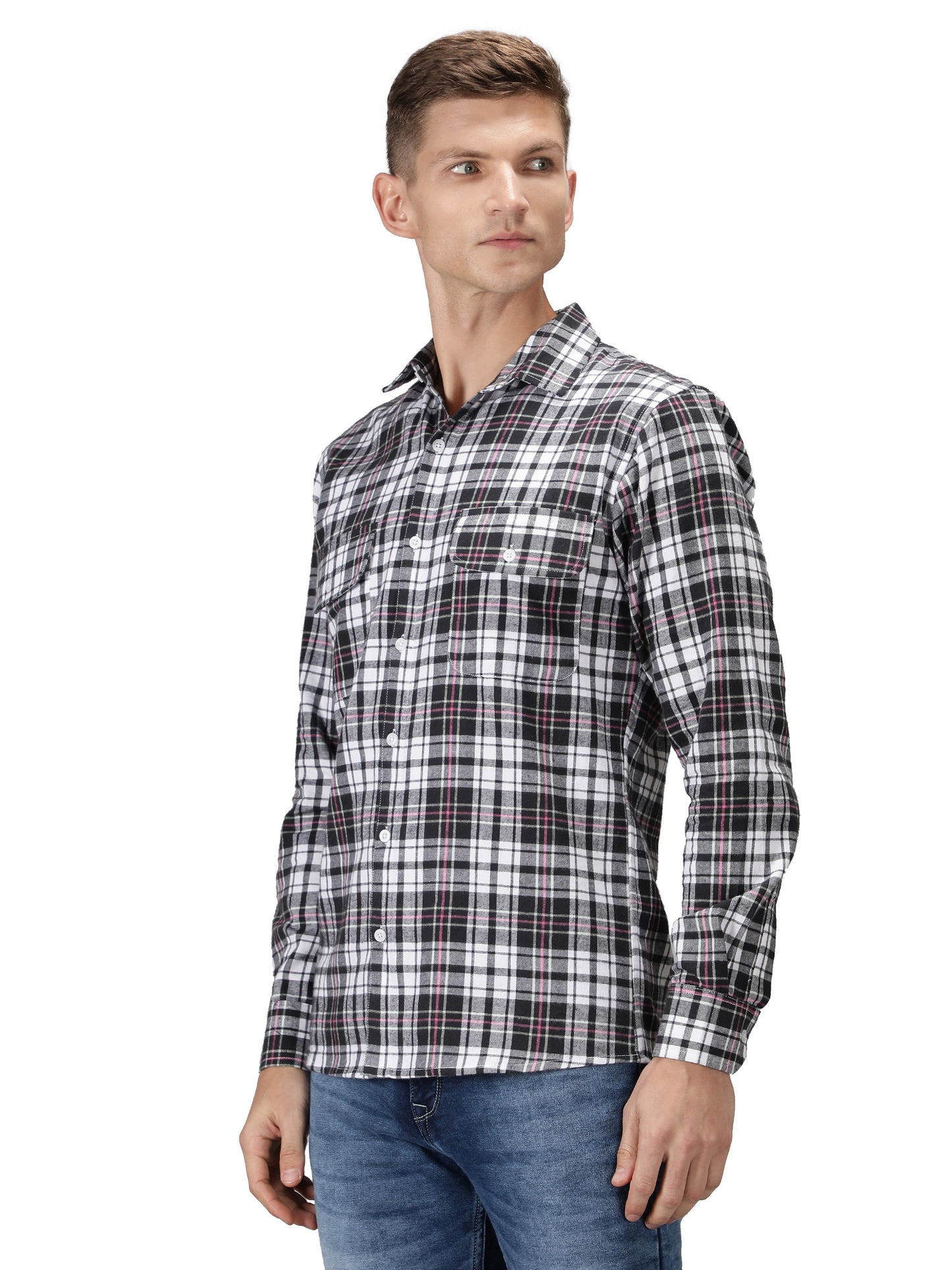 NUEVOSPORTA Pure Cotton Check Pattern Men's Full Sleeve Shirt_Black/White