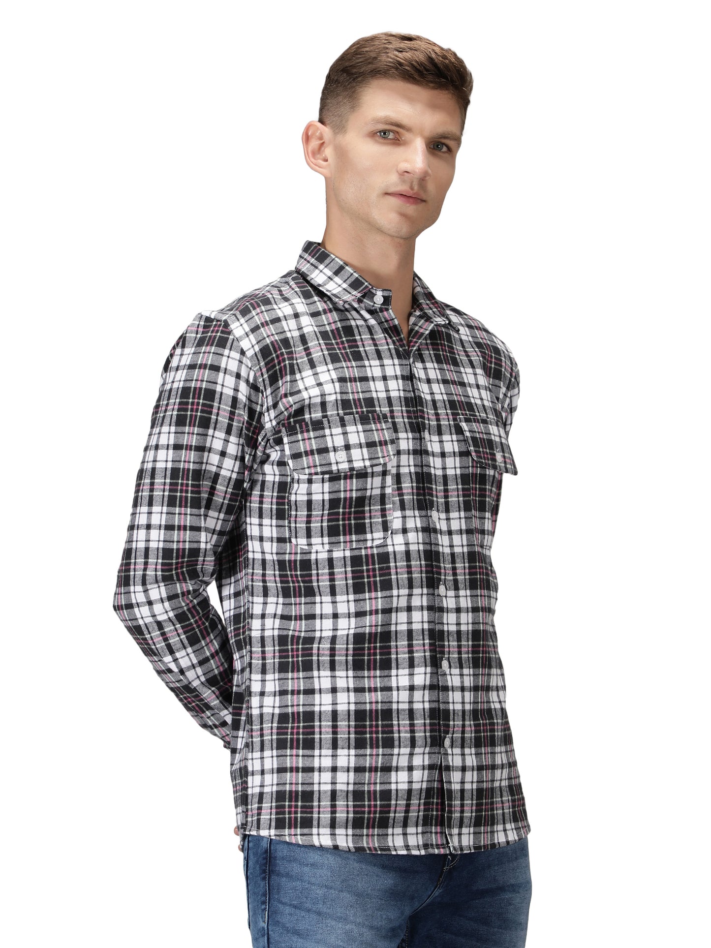 NUEVOSPORTA Pure Cotton Check Pattern Men's Full Sleeve Shirt_Black/White