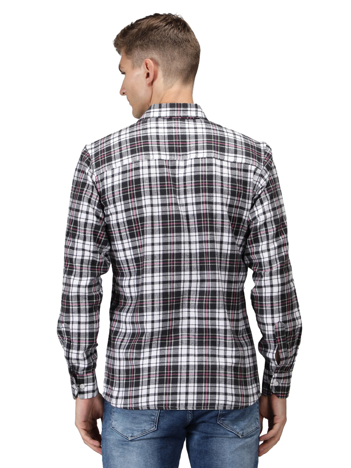 NUEVOSPORTA Pure Cotton Check Pattern Men's Full Sleeve Shirt_Black/White