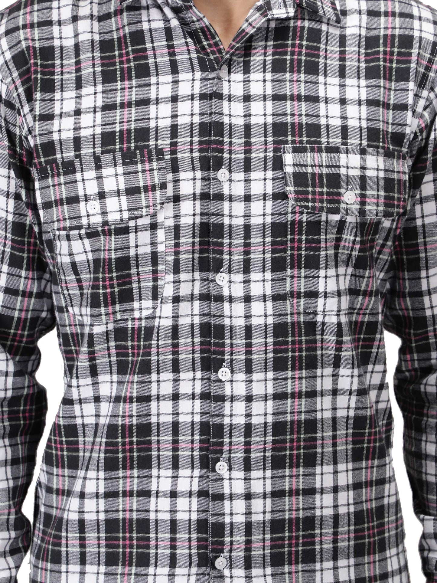 NUEVOSPORTA Pure Cotton Check Pattern Men's Full Sleeve Shirt_Black/White