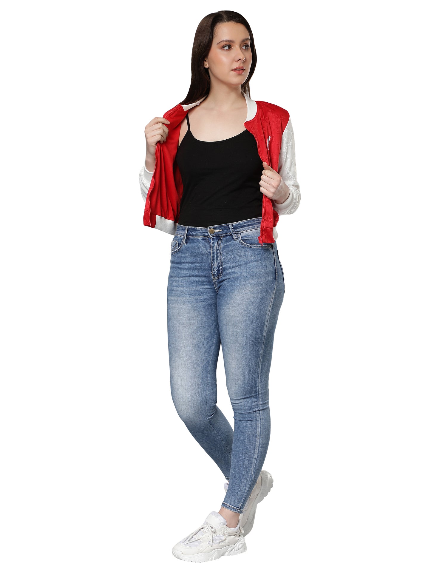 NUEVOSDAMAS Women Red Floral Embossed Printed Varsity Jacket