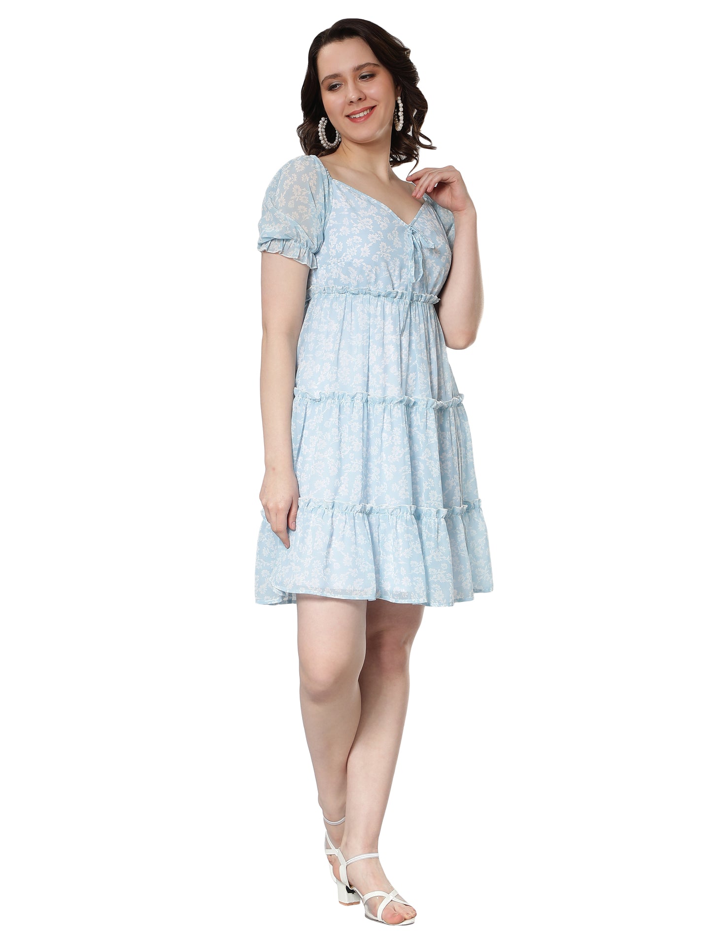 NUEVOSDAMAS Georgette Floral Printed Flare Midi Dress Light Blue