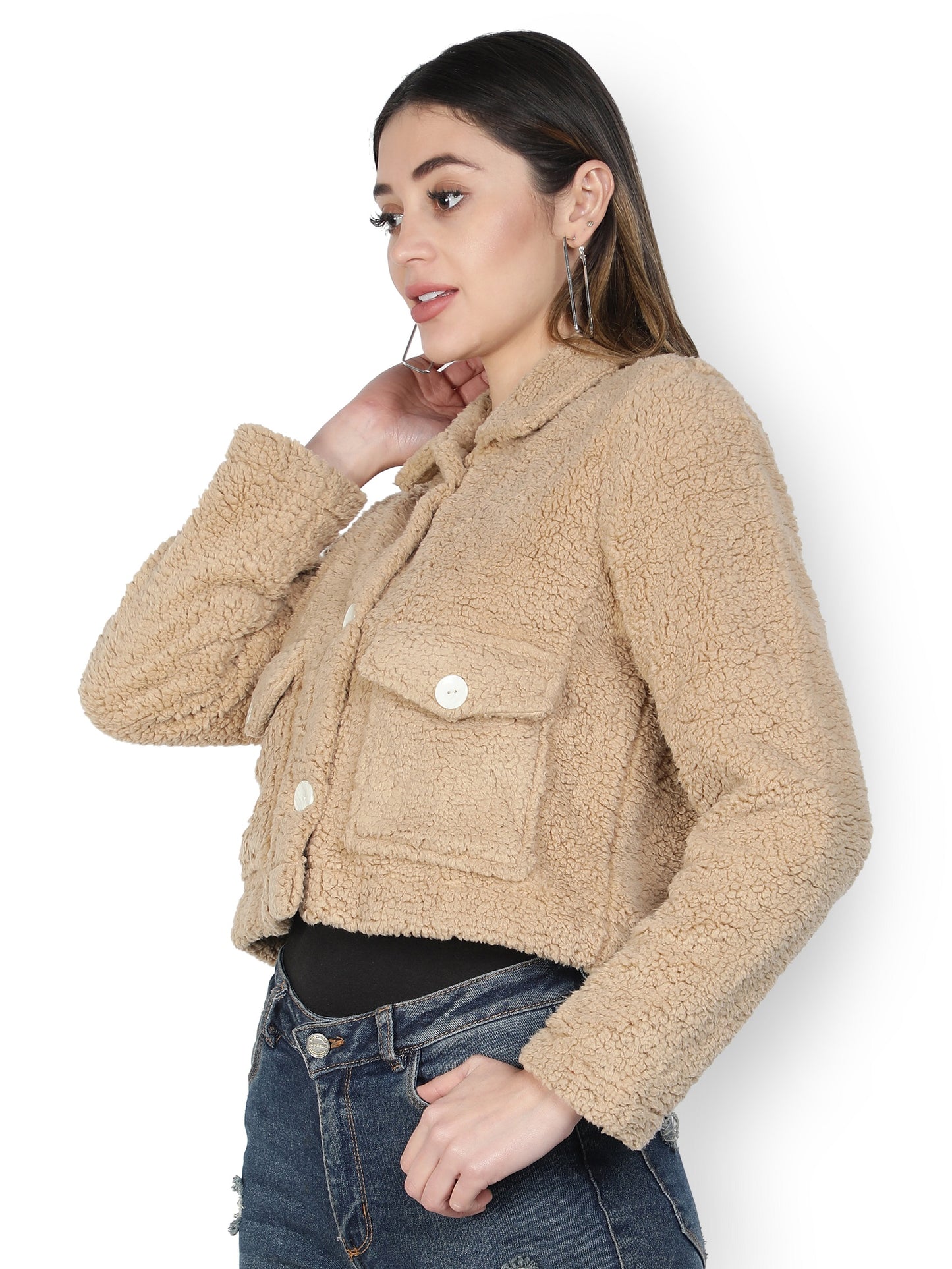 NUEVOSDAMAS WINTER WEAR WOMEN SOLID BEIGE SHERPA/FUR JACKET