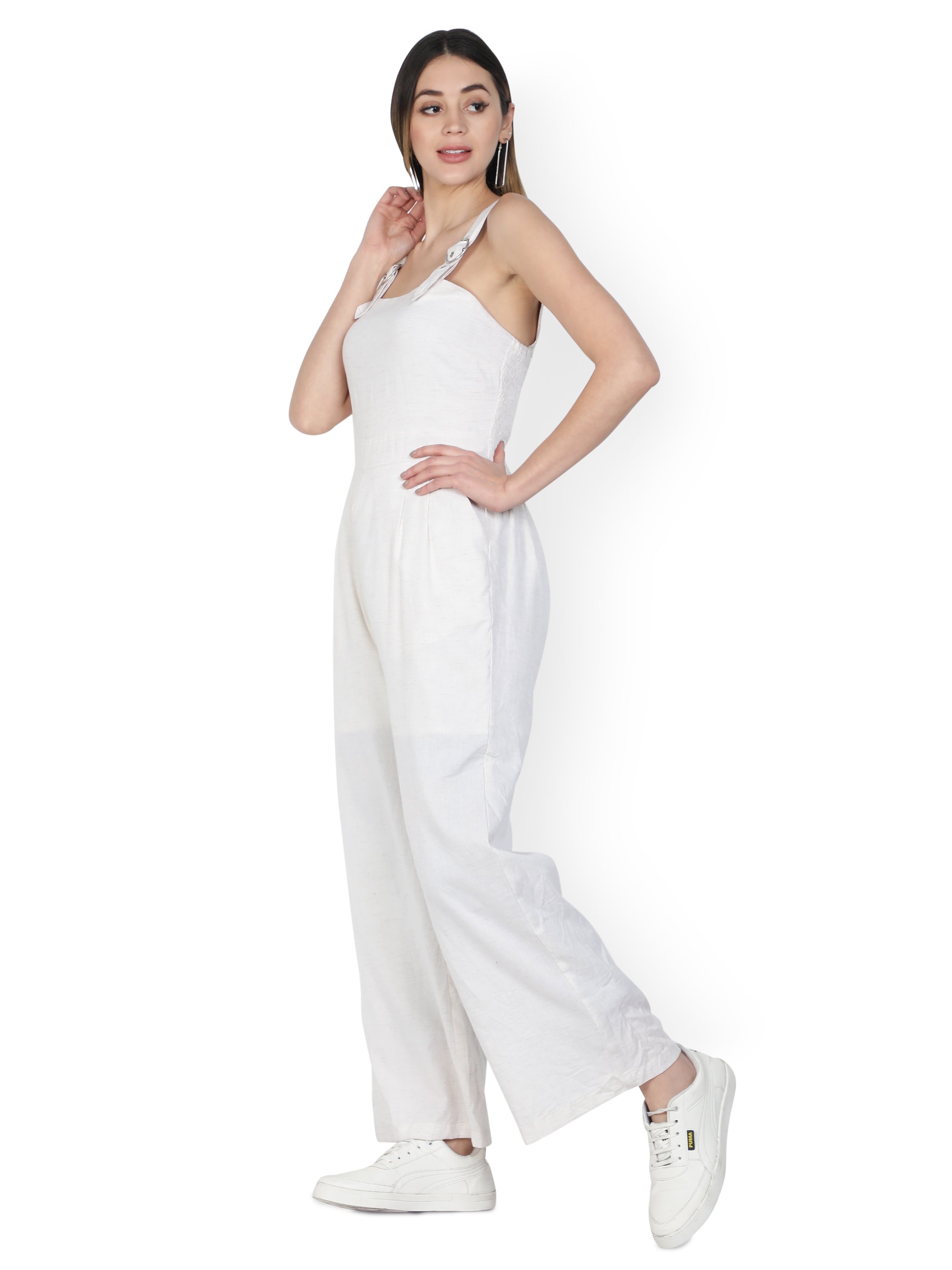 NUEVOSDAMAS Women Solid Cotton Linen Off White Jumpsuit