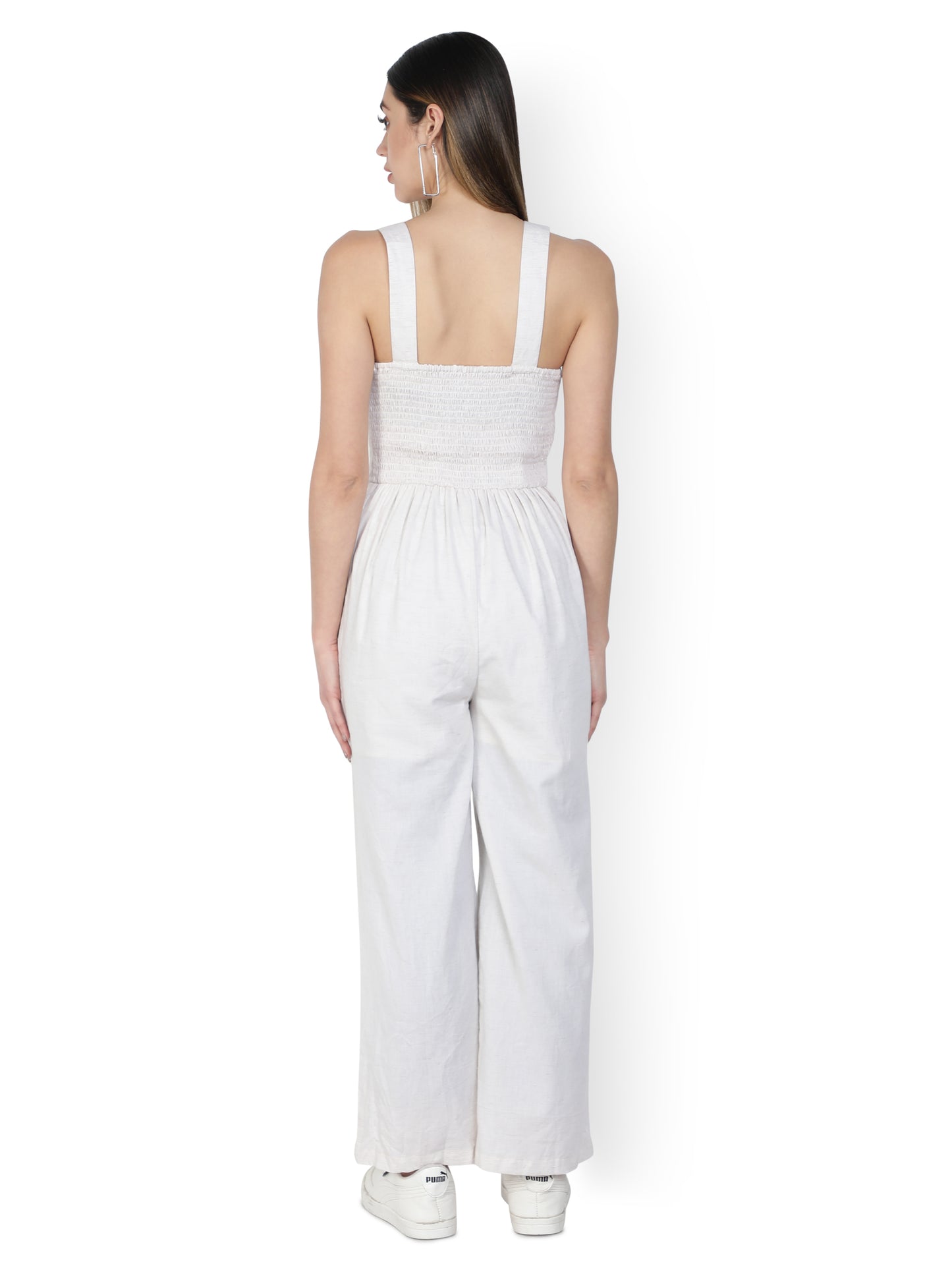 NUEVOSDAMAS Women Solid Cotton Linen Off White Jumpsuit