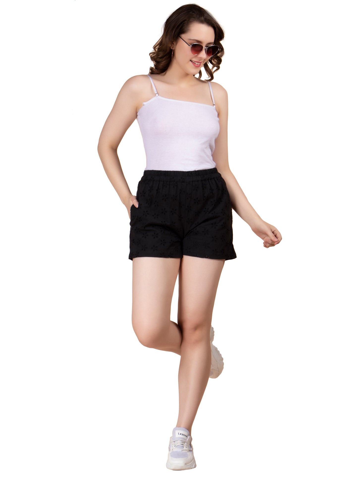 NUEVOSDAMAS Women's Solid Black Pure Cotton Self Design Schiffli Shorts