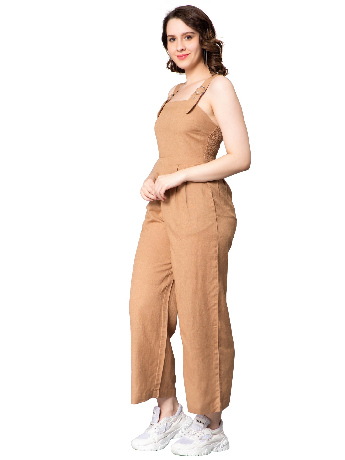 NUEVOSDAMAS Women Solid Cotton Linen Camel Jumpsuit