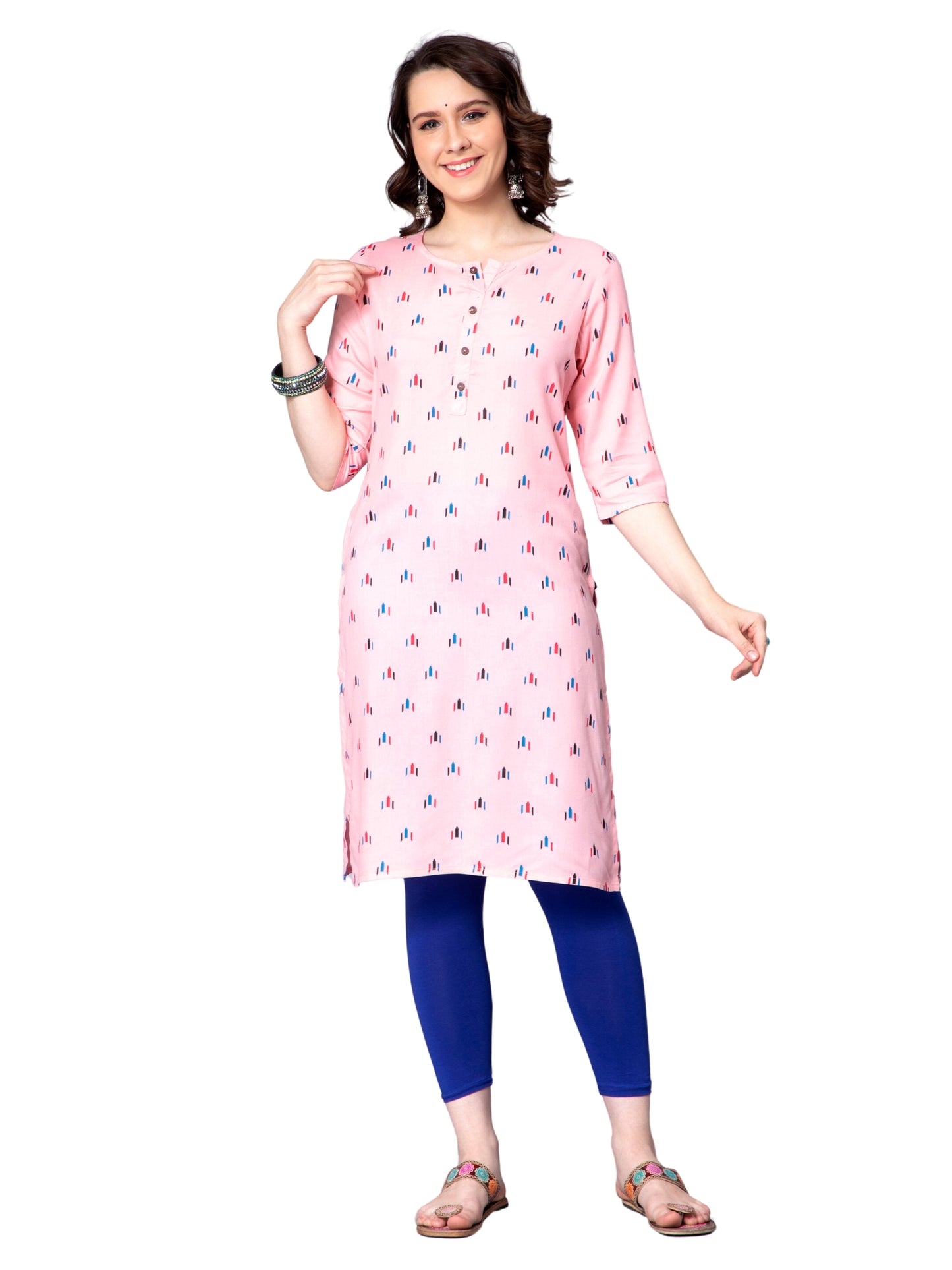 NUEVOSDAMAS Women Geometrical Printed Rayon Pink Kurti