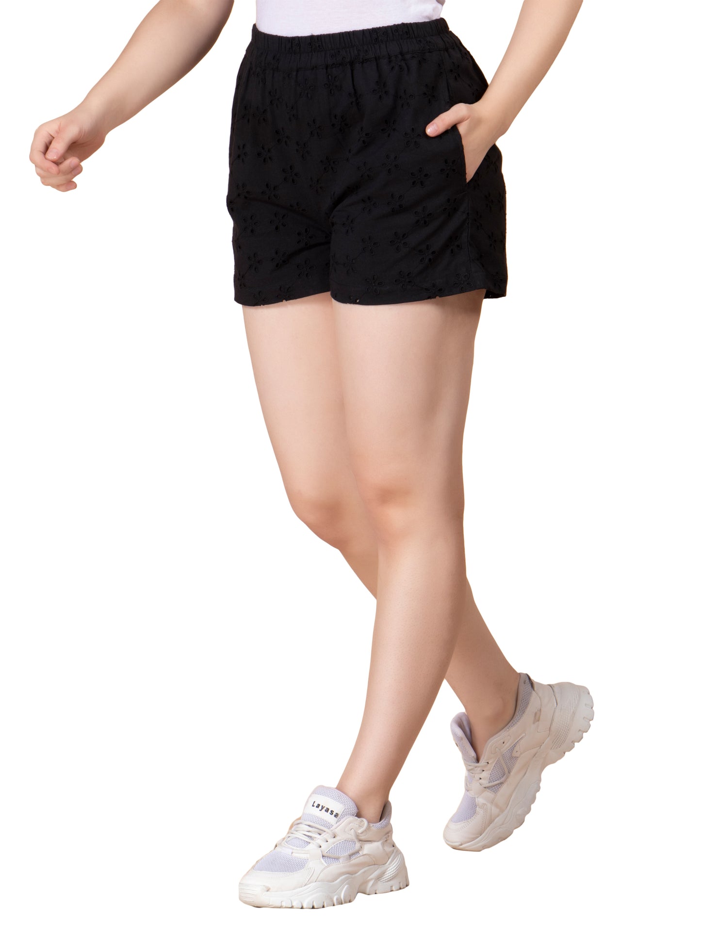 NUEVOSDAMAS Women's Solid Black Pure Cotton Self Design Schiffli Shorts