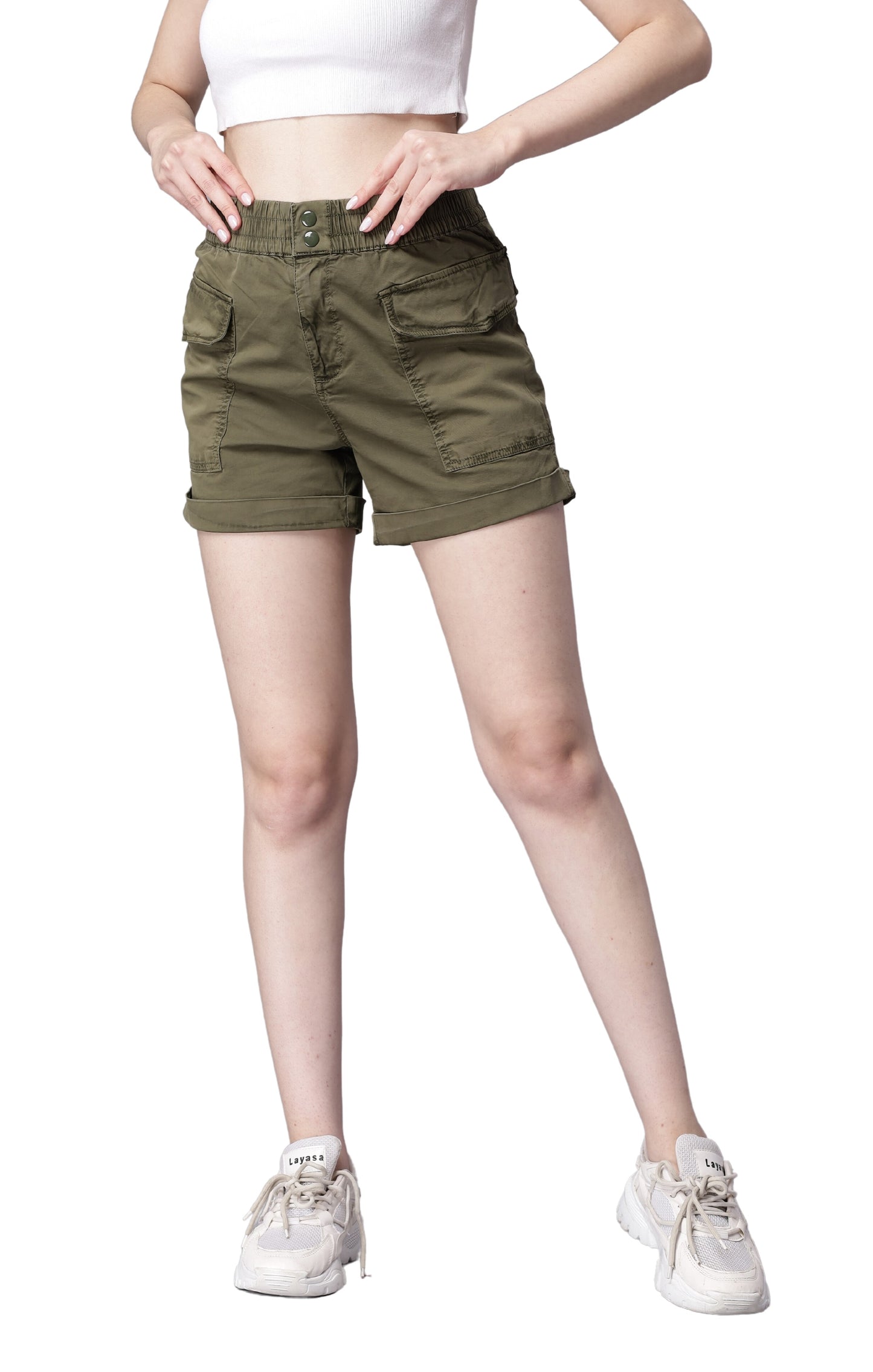 NUEVOSDAMAS Women Pure Cotton Cargo Yoga Shorts - Olive Green