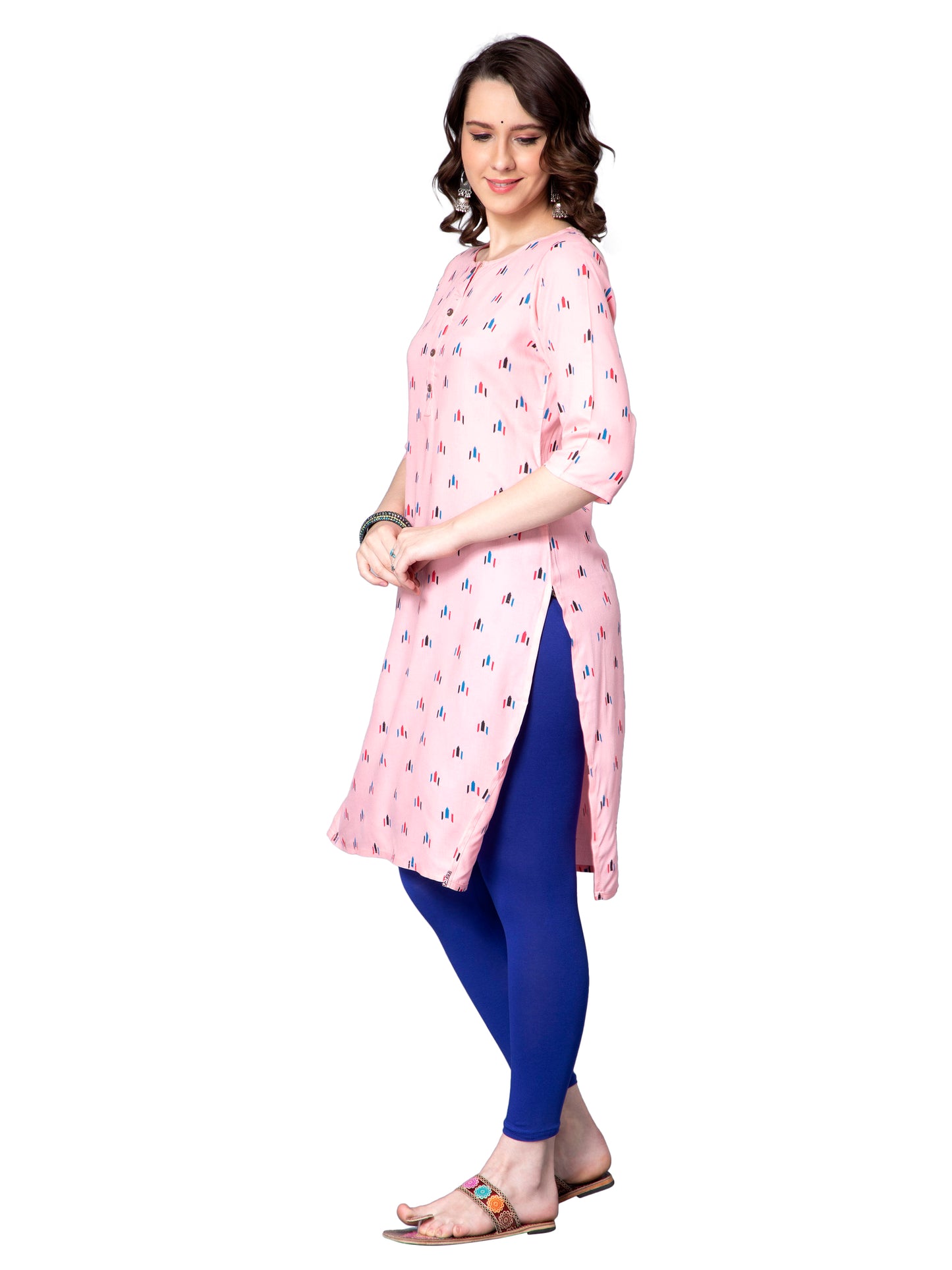 NUEVOSDAMAS Women Geometrical Printed Rayon Pink Kurti