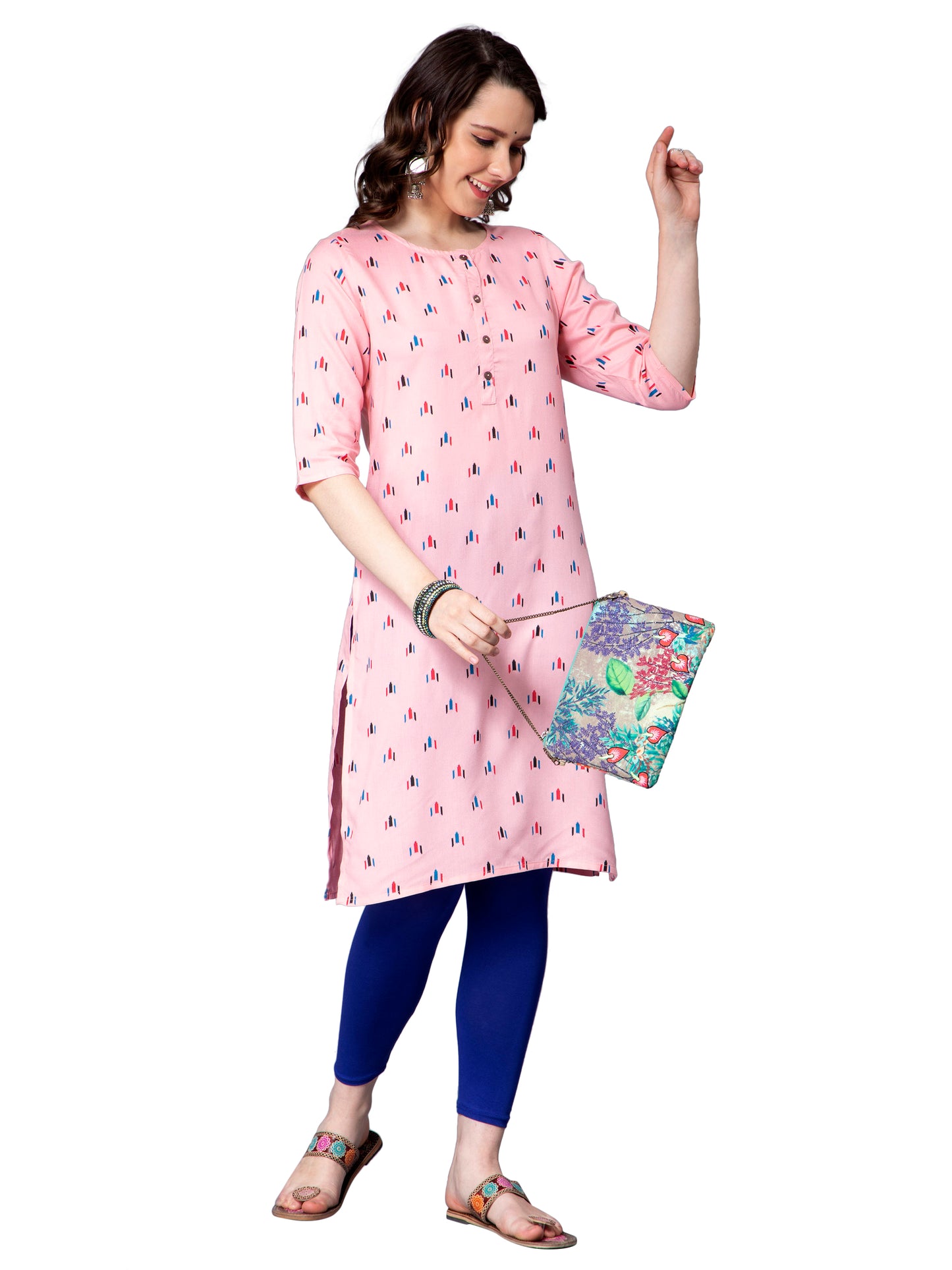 NUEVOSDAMAS Women Geometrical Printed Rayon Pink Kurti