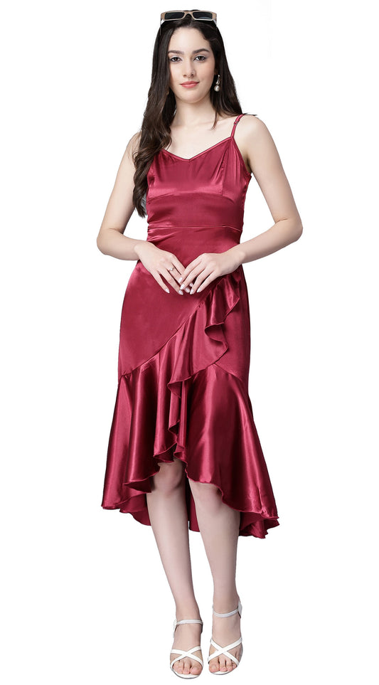 NUEVOSDAMAS Women Satin Lycra Solid Designer Western Wrap Frill Midi Dress | Stylish Adjuster Stripe | Maroon