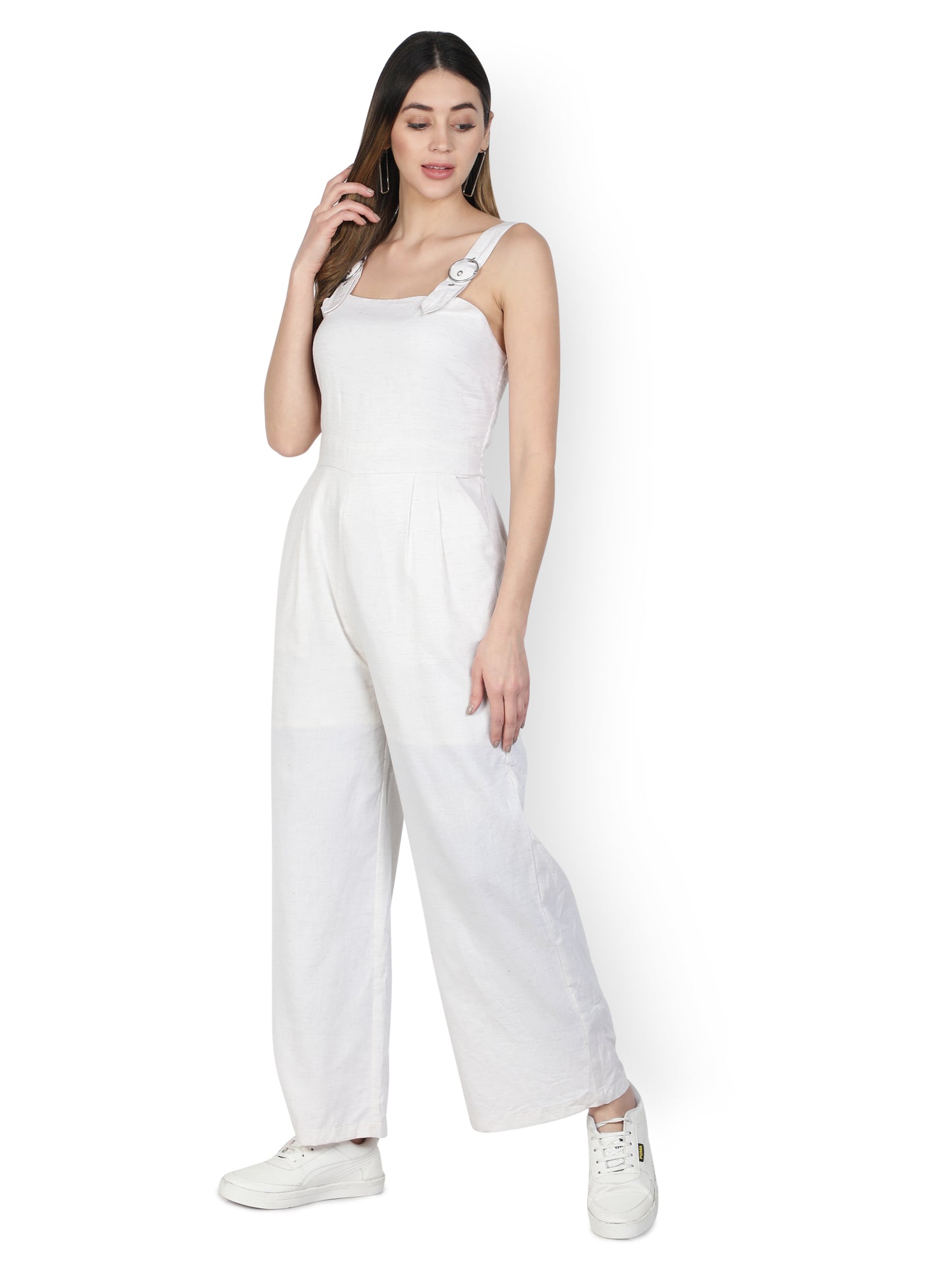 NUEVOSDAMAS Women Solid Cotton Linen Off White Jumpsuit