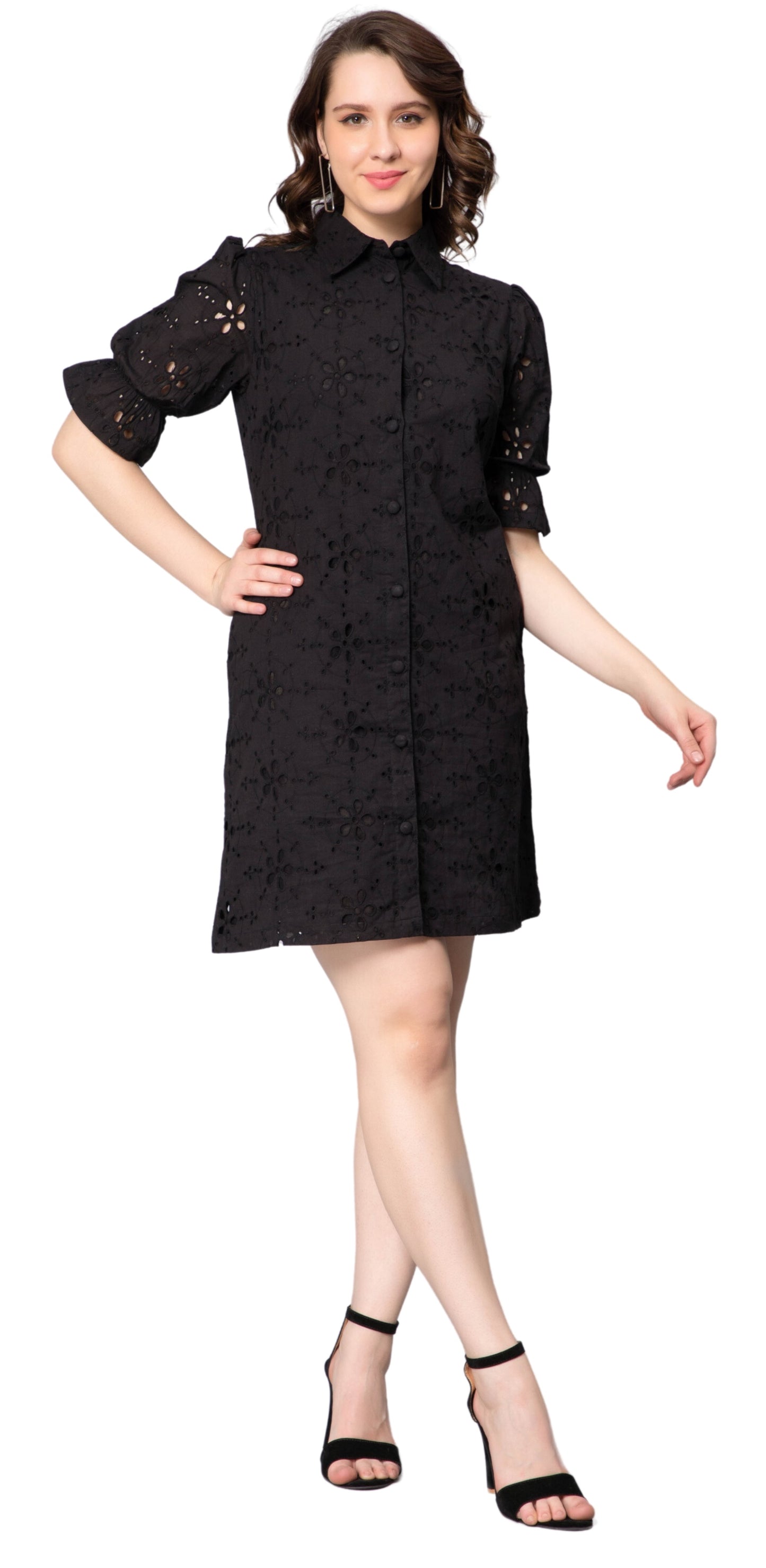 NUEVOSDAMAS Women Pure Cotton Self Design Schiffli Embroidered Shirt Dress Black