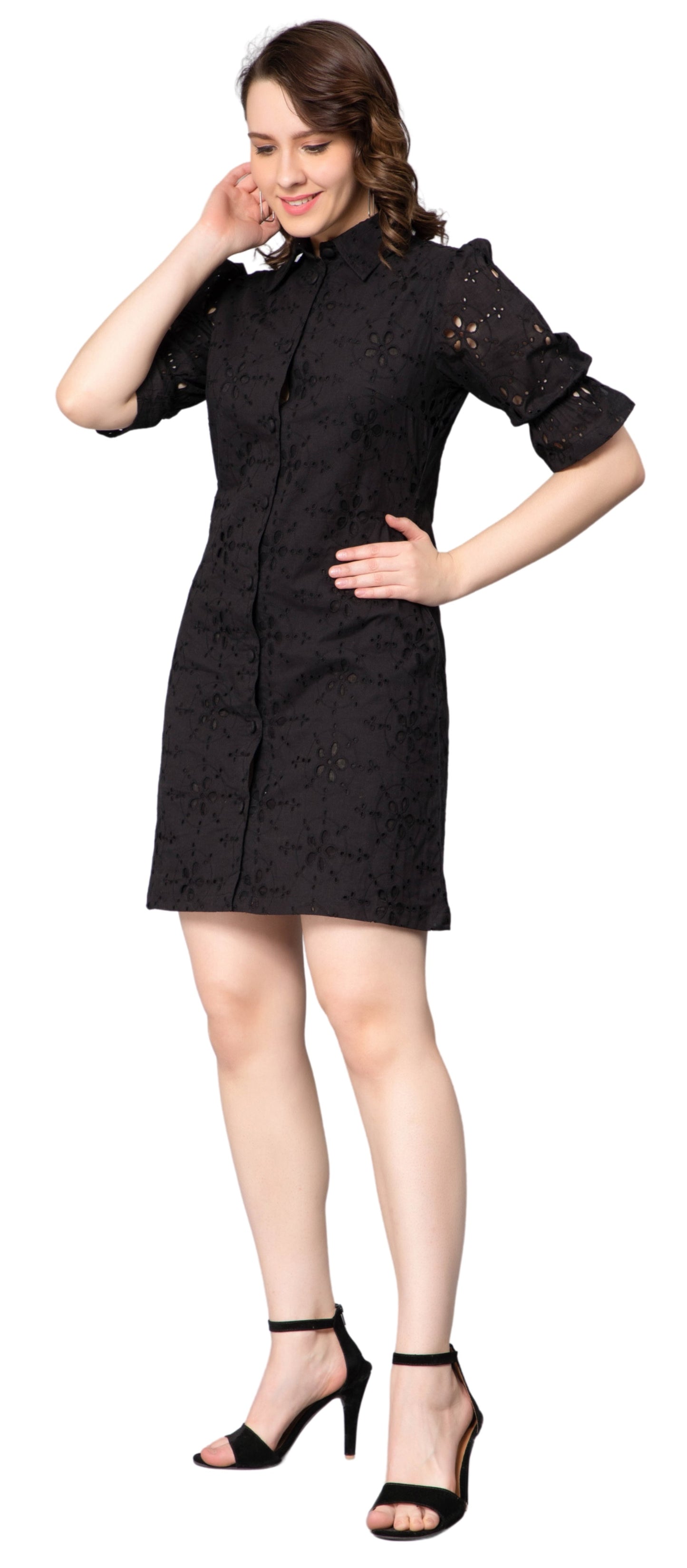 NUEVOSDAMAS Women Pure Cotton Self Design Schiffli Embroidered Shirt Dress Black