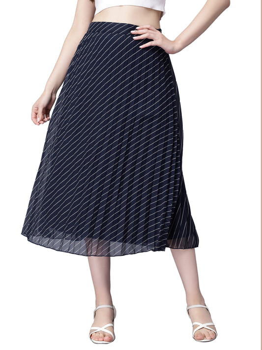 Women's Stripe Print High Waist Skirt Pleated A-line Long Skirt Beach Elasticated Navy Blue Midi Skirt